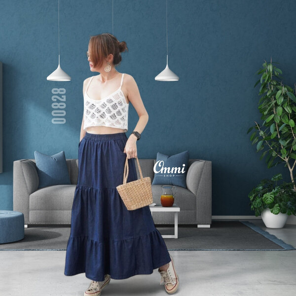 Ommishop 00828 กระโปรงยีนส์ผ้ายืด มีกระเป๋าด้านหน้า แต่งจีบระบาย 3 ชั้น ยางยืดรอบเอว (PUP)