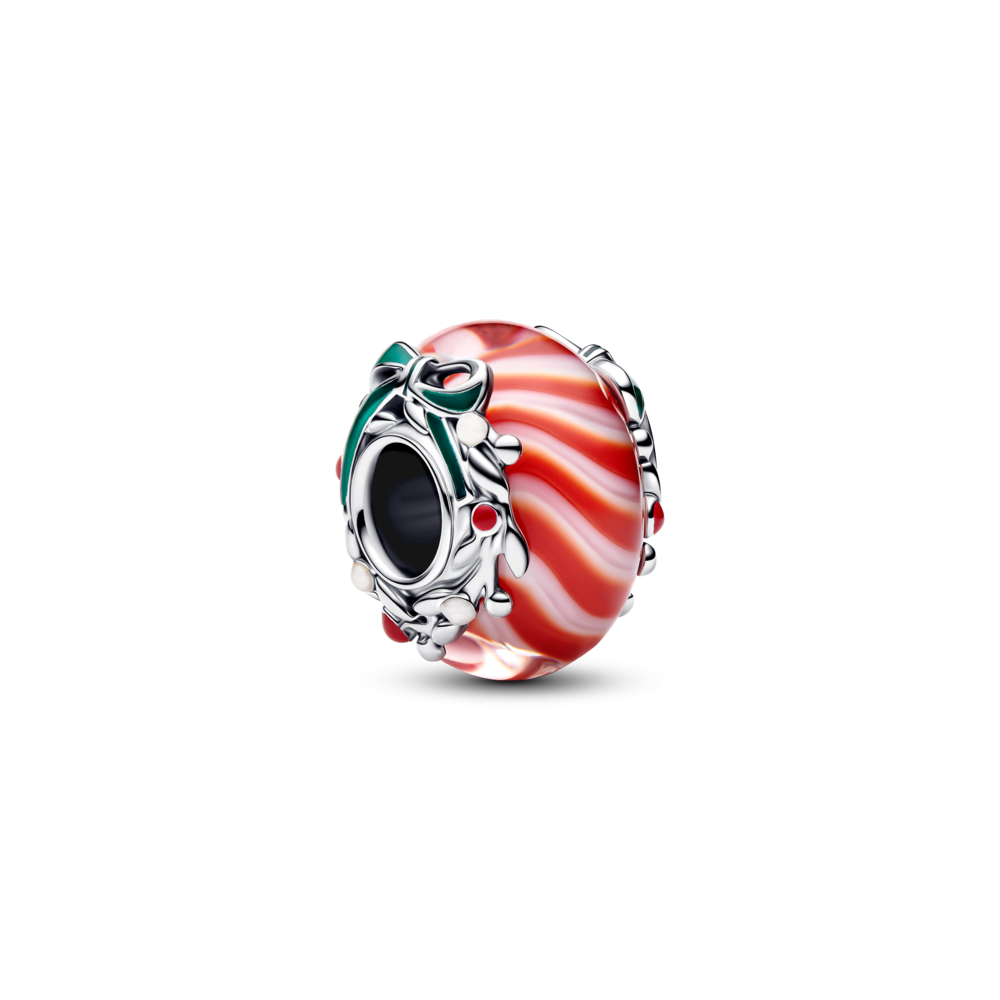 Candy sterling silver charm with red and white Murano glass, shimmering white, red and green enamel