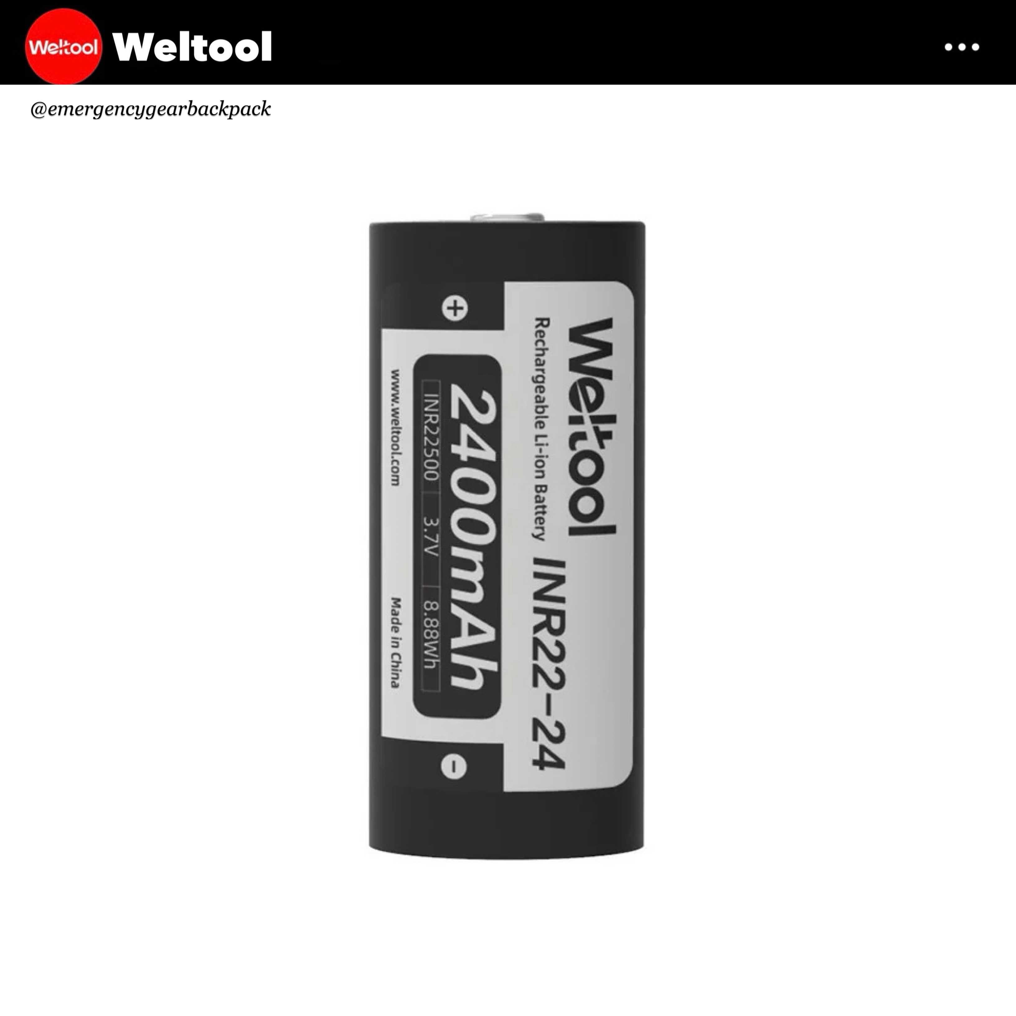 Weltool INR22500 2400mAh 3.7V 4.8A Rechargeable Li-ion Battery