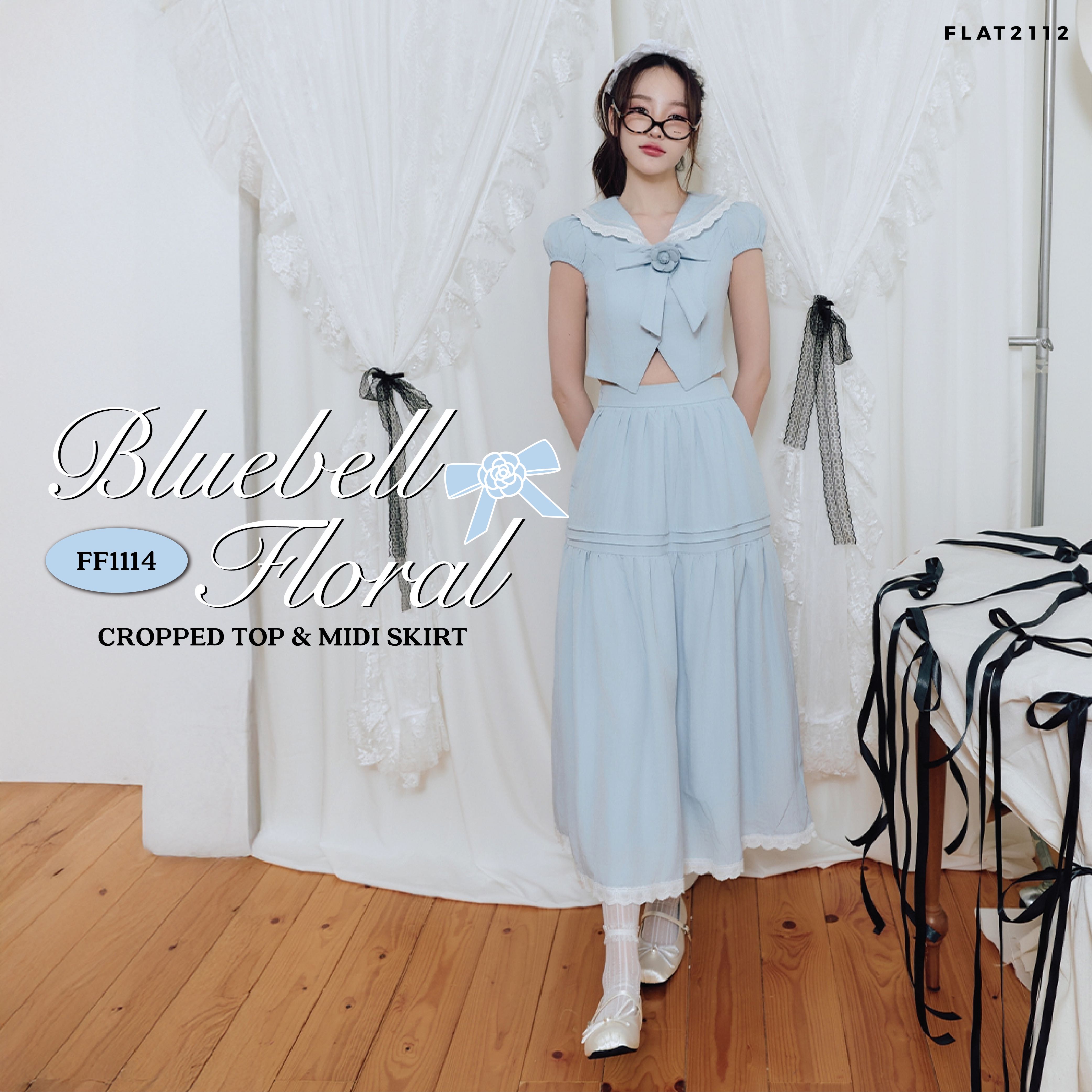 FLAT2112 FF1114 : BLUEBELL FLORAL CROPPED TOP & MIDI SKIRT เสื้อครอป เเขนสั้น ชุดแฟชั่นผู้หญิง
