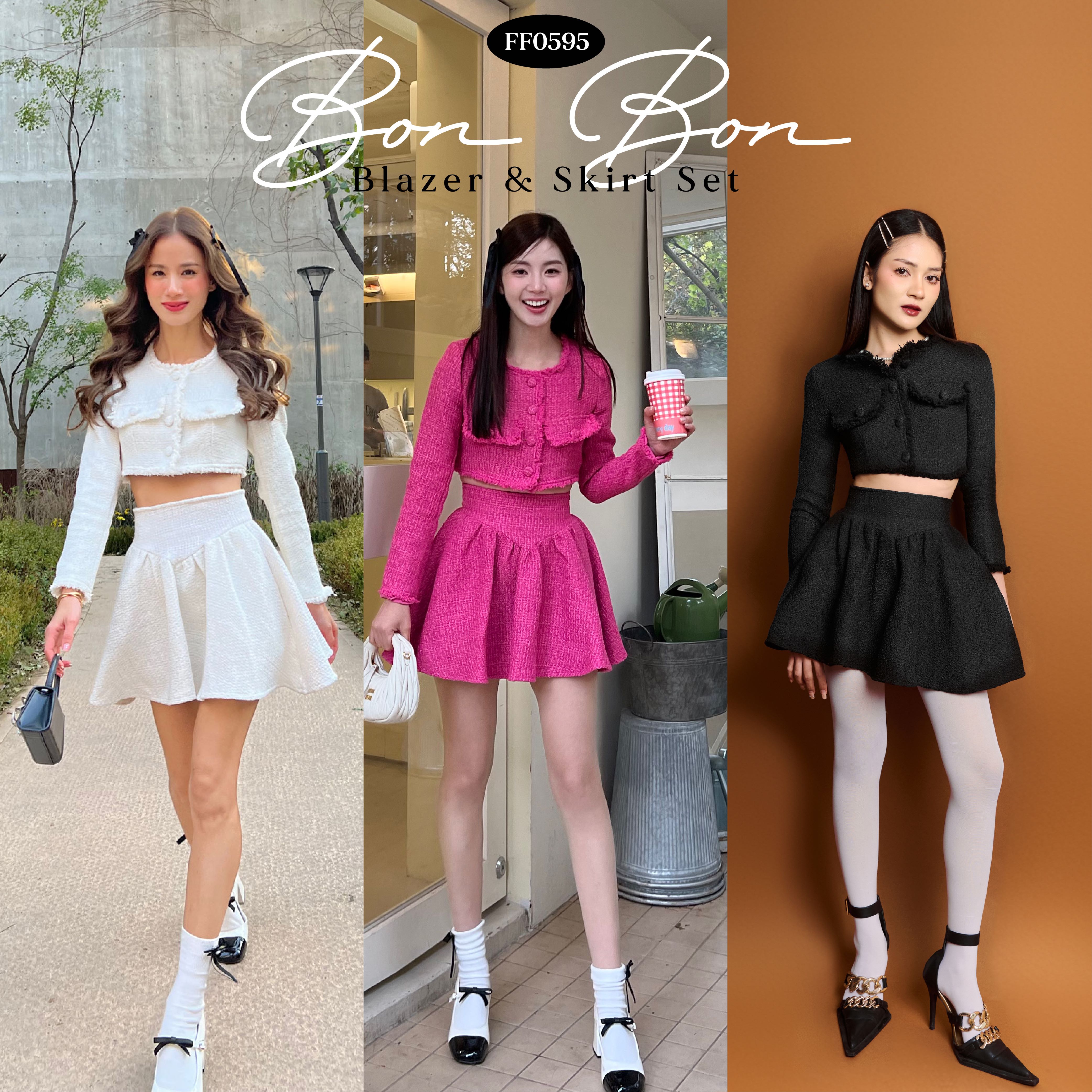 FLAT2112 FF0595 BON BON BLAZER & SKIRT SET ชุดเซ็ทผ้าทวีต เสื้อครอปทวีตแขนยาว