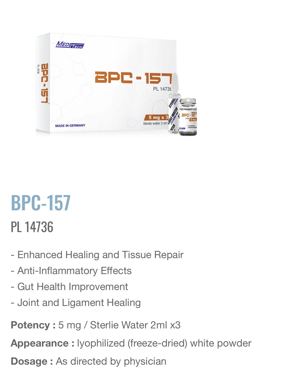 BPC - 157 Meditech BPC 5 mg 3 vials