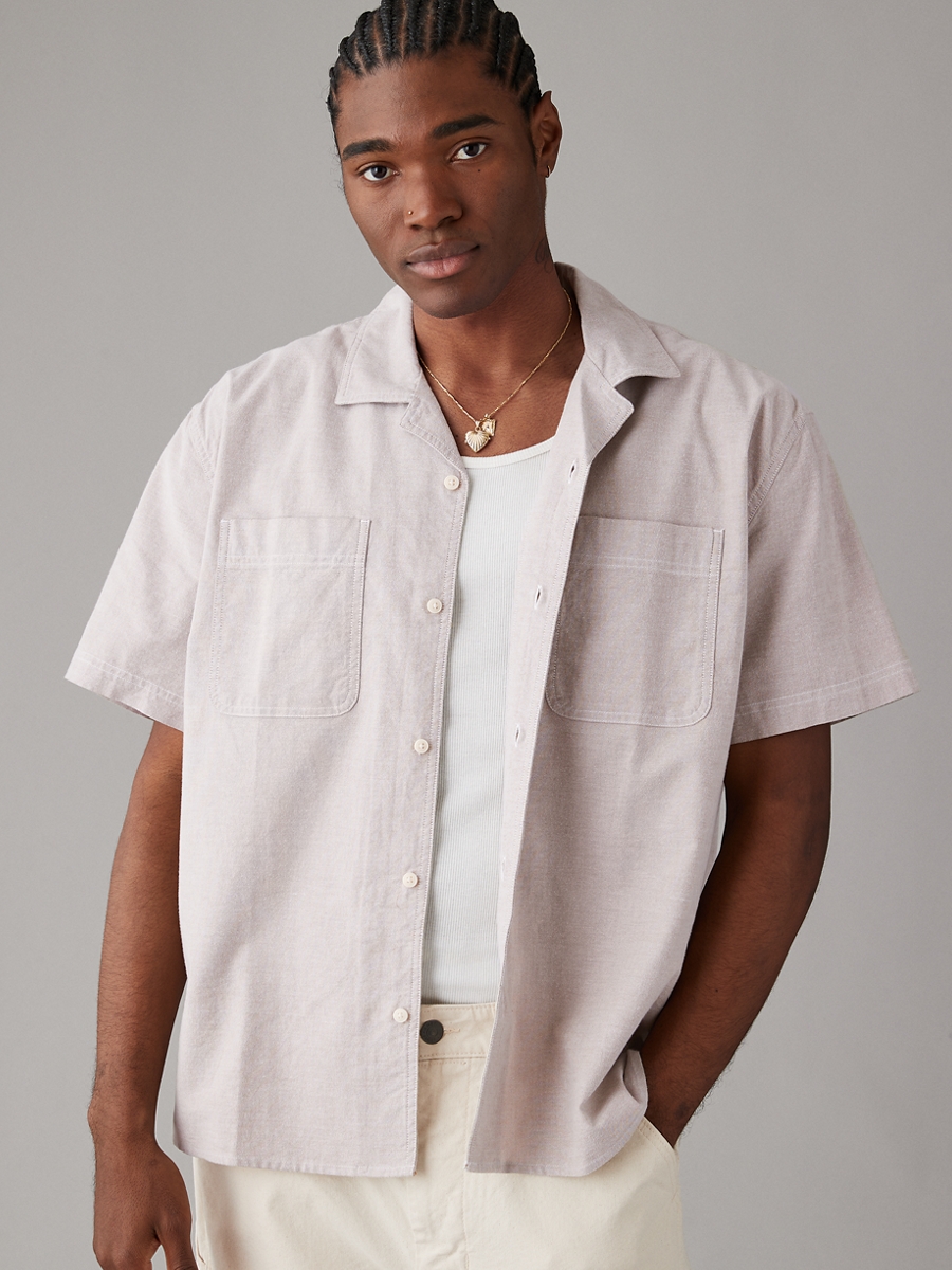 เสื้อเชิ้ต ผู้ชาย TOASTED ALMOND SS OVERSIZED CAMP COLLAR YD STRETCH OXFORD ( 015-6234-238 )