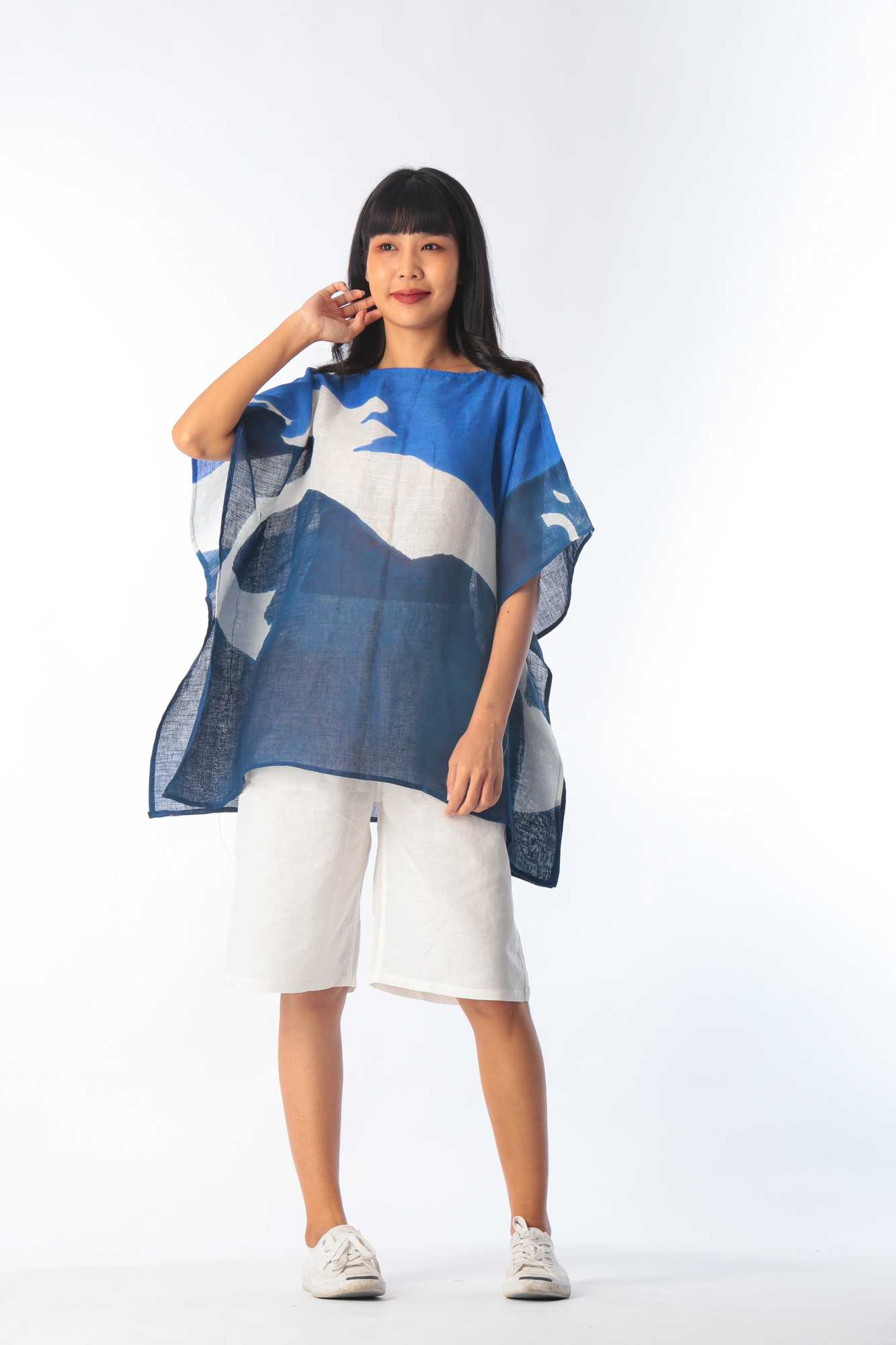 (Pre-order)Poncho Linen Blouse Hand paint For Summer Beach Vacation Normal Size