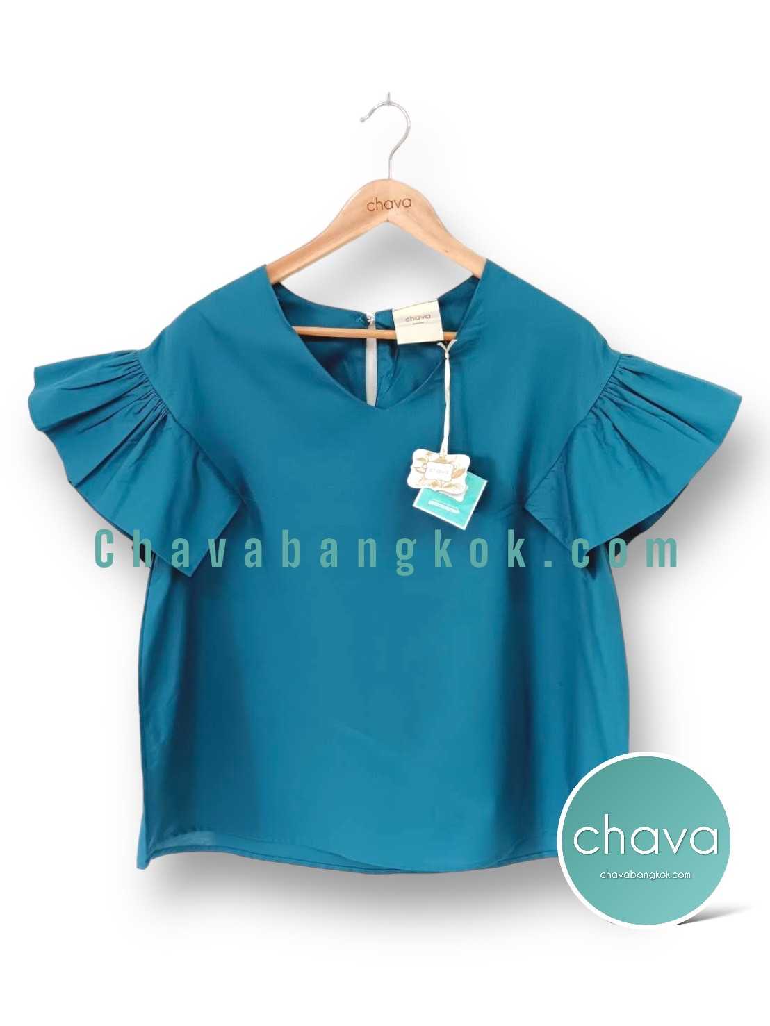 NEW!! เสื้อ Top / BLOUSE (สีเขียว) คอวี แขนระบาย กระดุมหลัง