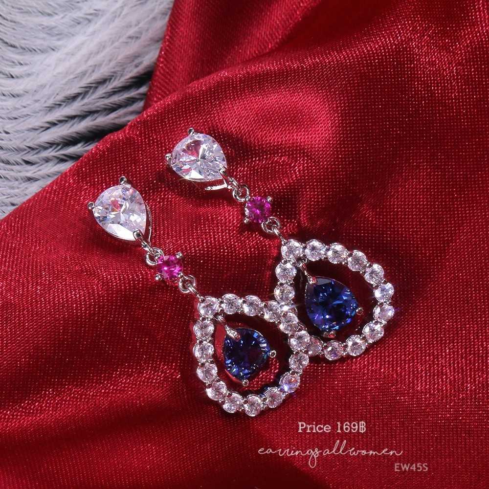 EW045S  ต่างหูสีน้ำเงิน เครื่องประดับผู้หญิง ต่างหูออกงาน เงิน 925