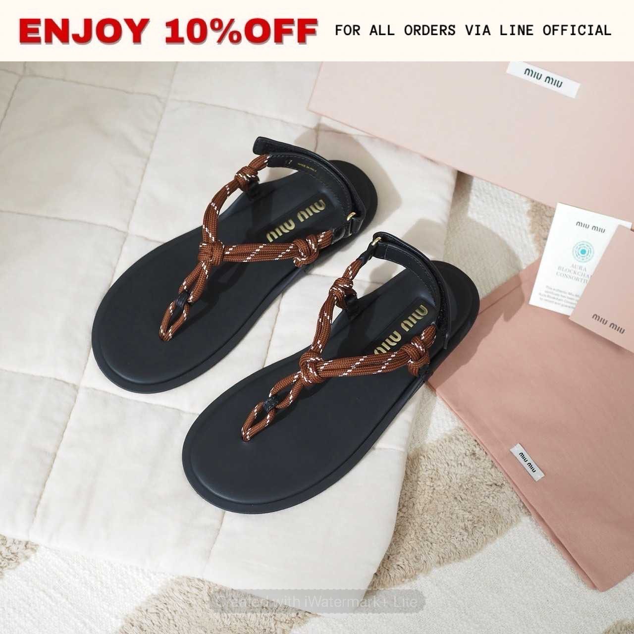 NEW! MIUMIU Riviere Cord And Leather Sandals สี Tobaco | Shoes