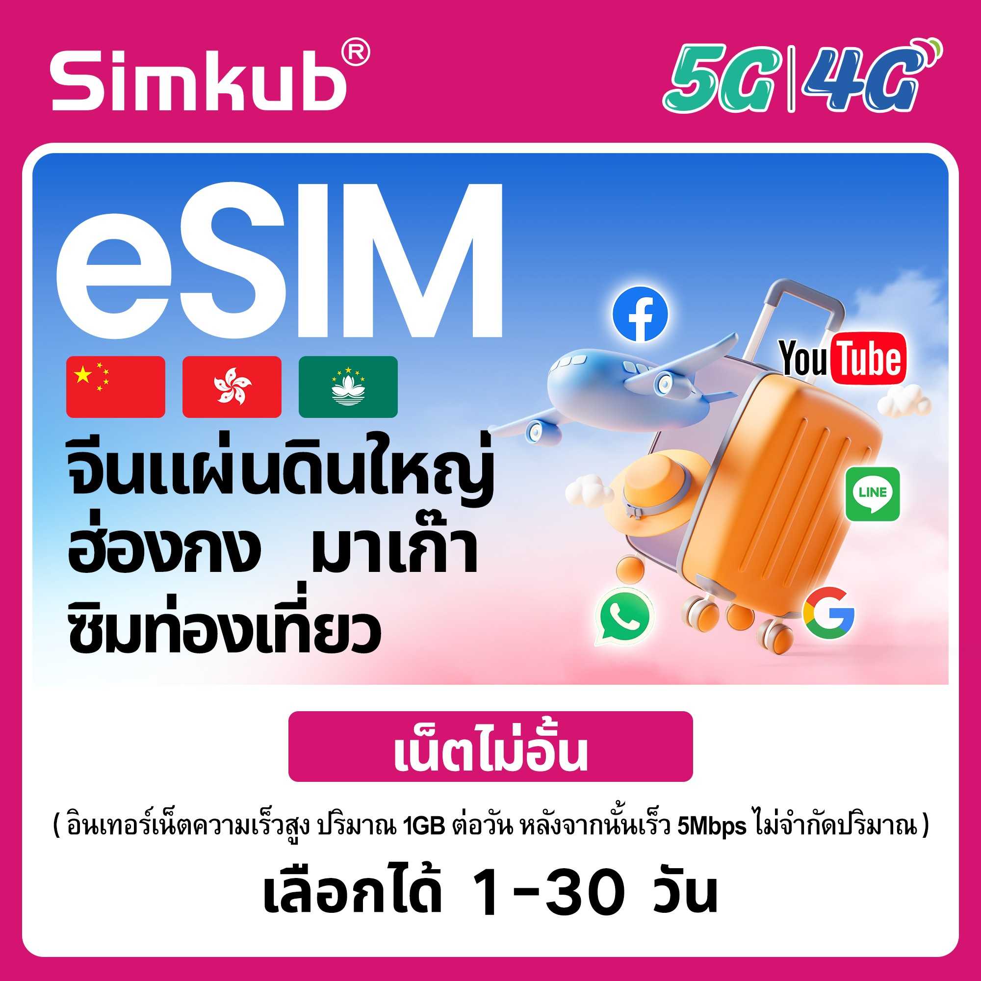 eSIM China&Hong Kong&Macau ใช้ร่วมกัน 3 แห่ง ซิมท่องเที่ยว เน็ตไม่จำกัด รองรับ 5G/4G
