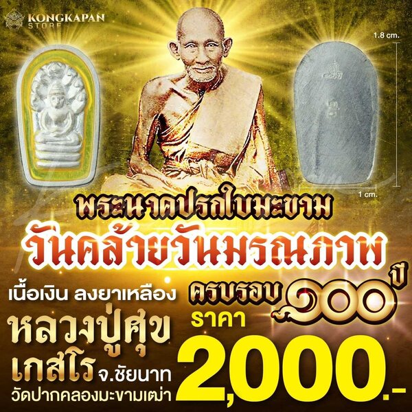 เหรียญพระนาคปรกใบมะขาม วันคล้ายวันมรณภาพ ครบรอบ 100 ปี หลวงปู่ศุข เนื้อเงินลงยาเหลือง