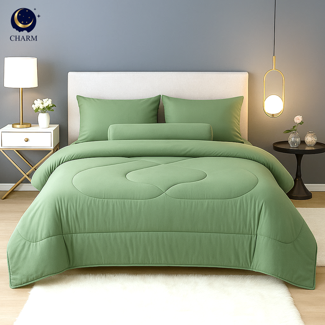 CHARM ชุดเครื่องนอน Classic สีเขียวเซจ พร้อมผ้านวม (3.5/5/6 ฟุต)
