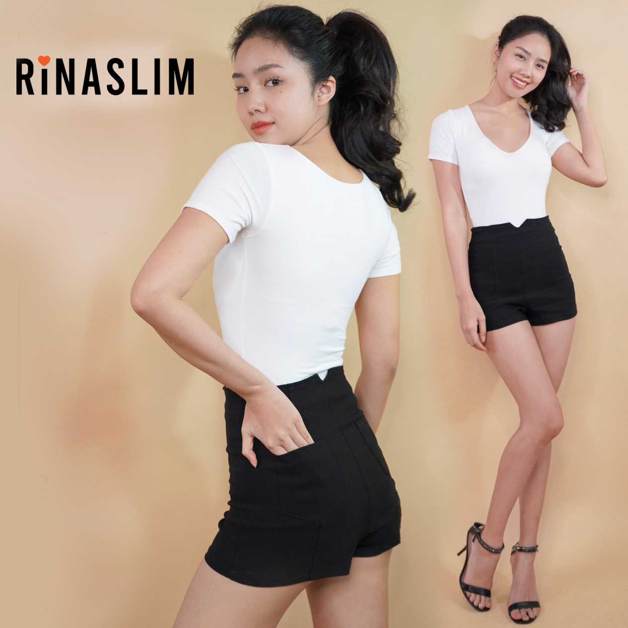RINASLIM กางเกงขาสั้น เอวสูง สีดำ กางเกงลิซ่า ทรงเกาหลี