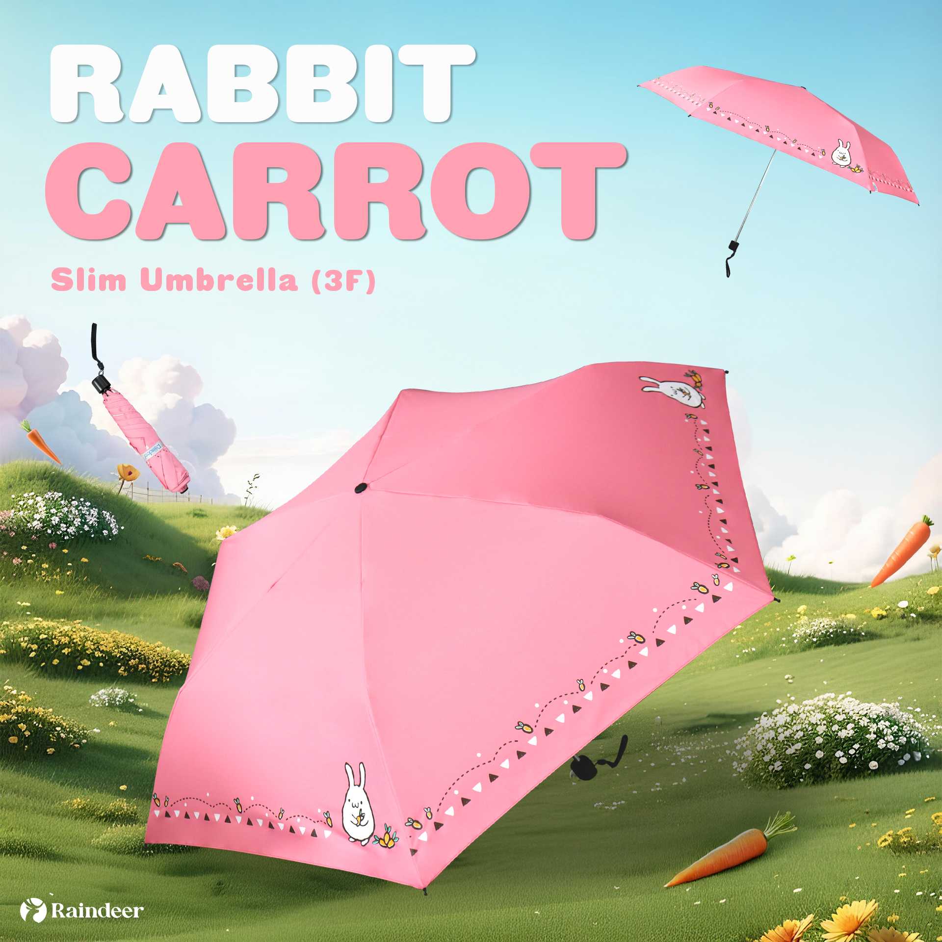 Raindeer ร่มพับ 3 ตอนปากกา กันUV ลาย Rabbit carrot (UVดำ) กันUV พกพาสะดวก ร่มพับเล็ก