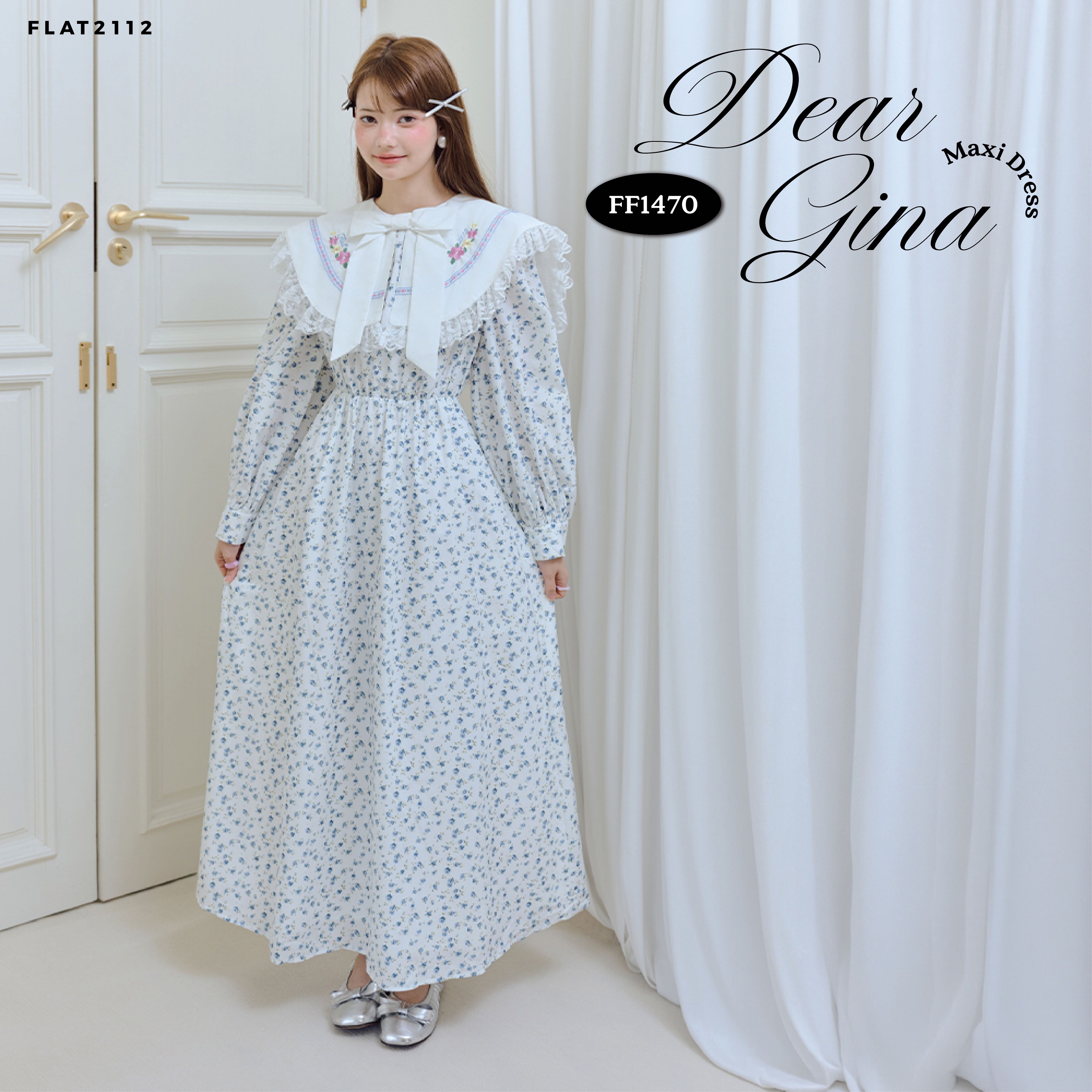 FLAT2112 : DEAR GINA MAXI DRESS  เดรสยาวลายดอกไม้สีขาวคอปกใหญ่ปักลาย เดรสโบว์ขาวอันใหญ่ (FF1470)