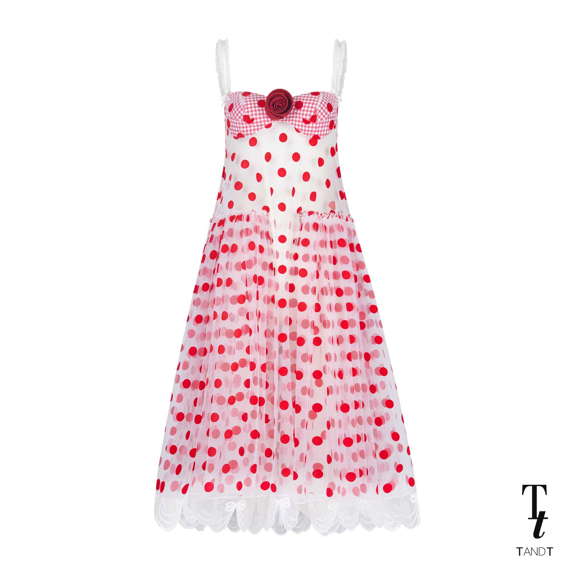 NANALA - BUSTIER SPAGHETTI STRAPS PEPLUM RUFFLE POLKA-DOT TULLE SLIP DRESS