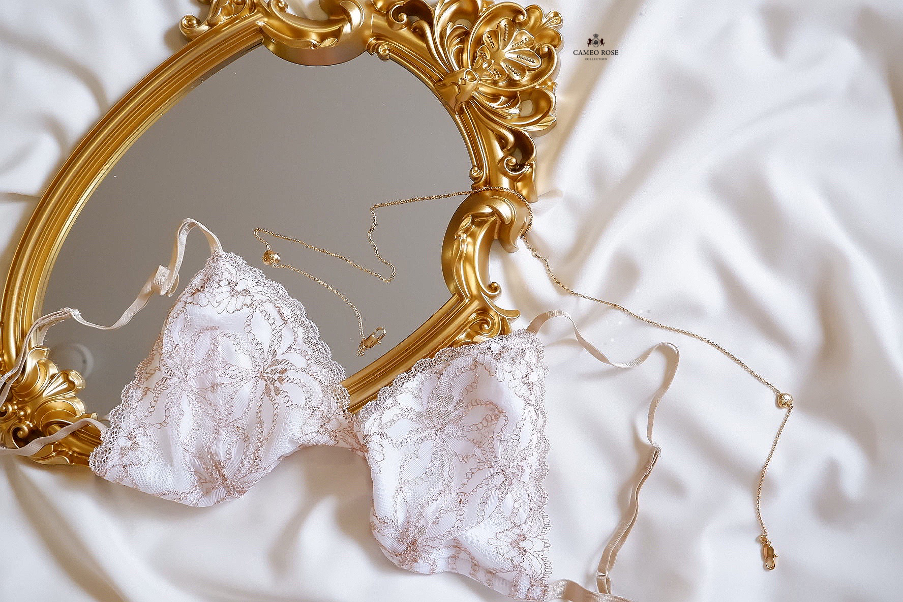 White & gold basic bralette with lining and push up pad, (Bra + Panty)