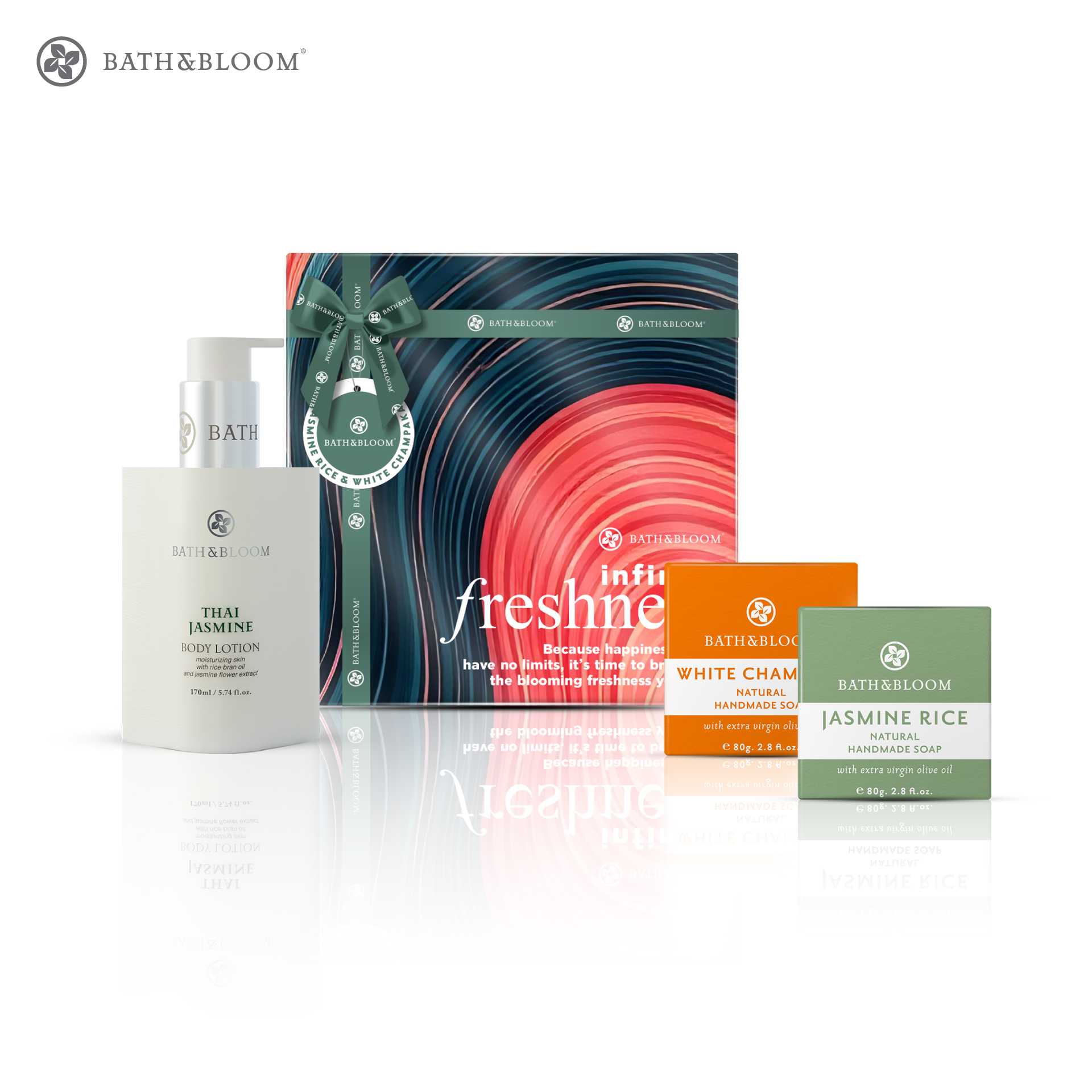 BATH & BLOOM INFINITE FRESHNESS–JASMINE RICE&WHITE CHAMPAKA SOAP SET ชุดของขวัญสบู่และครีมบำรุงผิว