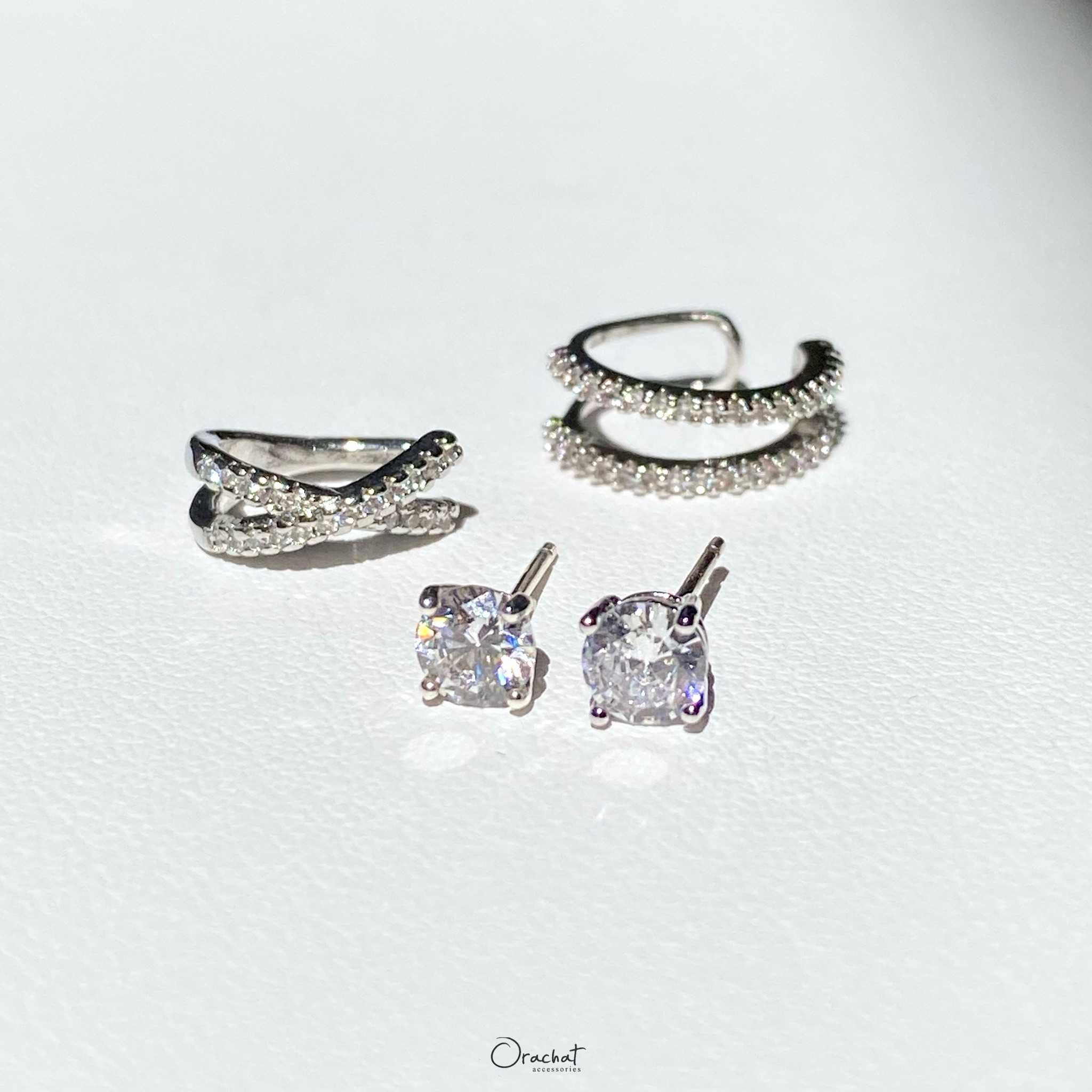(ส่งฟรี) Single blink 14k 4 mm. - X - double lines earrings set. (เซ็ตต่างหู 5 ชิ้น)