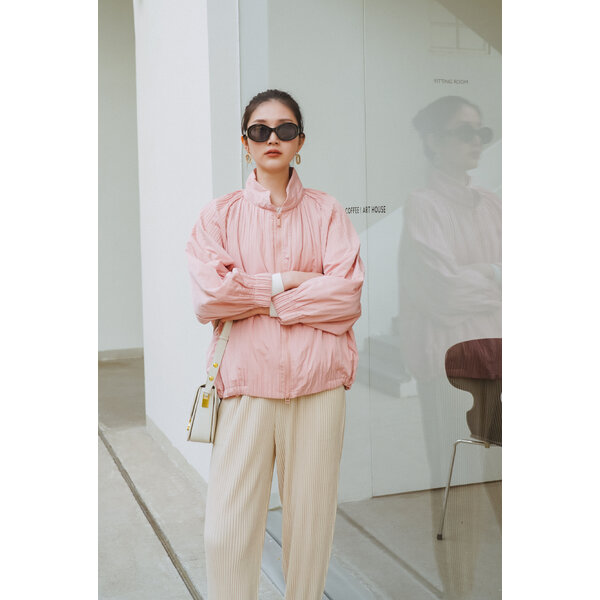 2MUAY รุ่น GJO4558 เสื้อกันหนาว เสื้อแจ็คเก็ตพลีทคุณภาพ สีชมพู FREE SIZE STAND UP COLLAR ZIP PLEA...