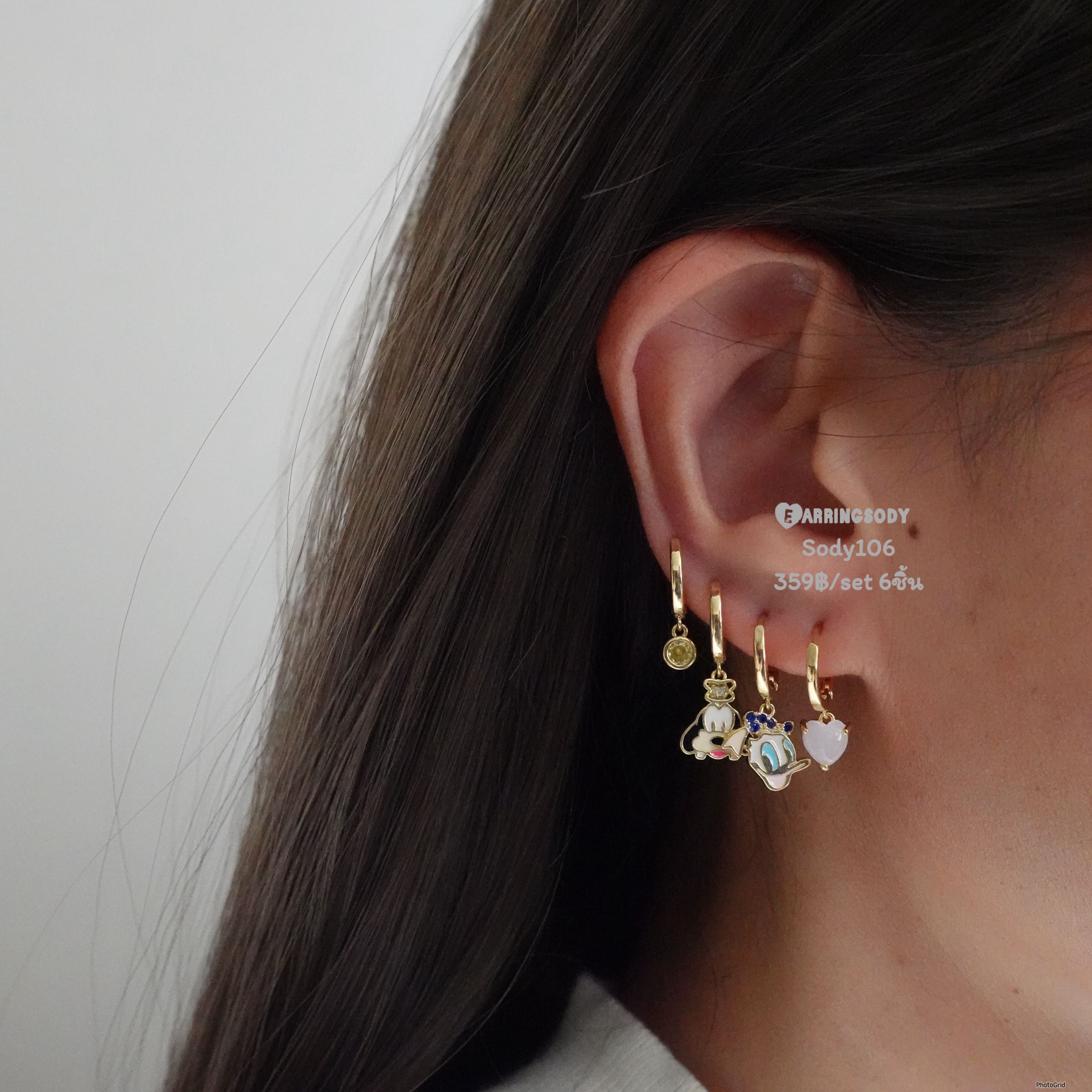 Sody106 Fairytales collection ต่างหูเซตห่วงเงิน925 ชุบทอง18kลายโดนัลด์ ดั๊กและเพื่อน
