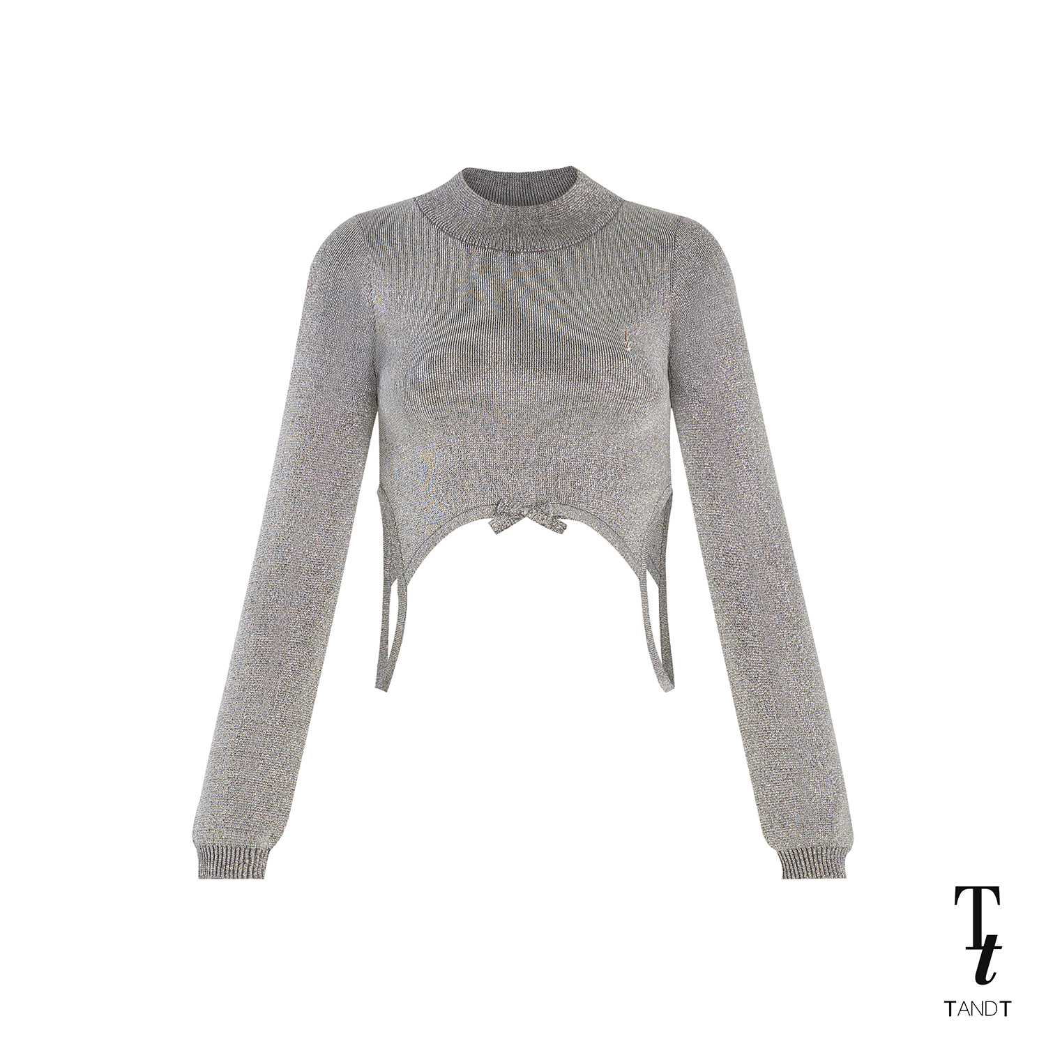 TandT - NINI GREY TOP - TURTLE NECK BOW TRIM CROP KNITTED TOP