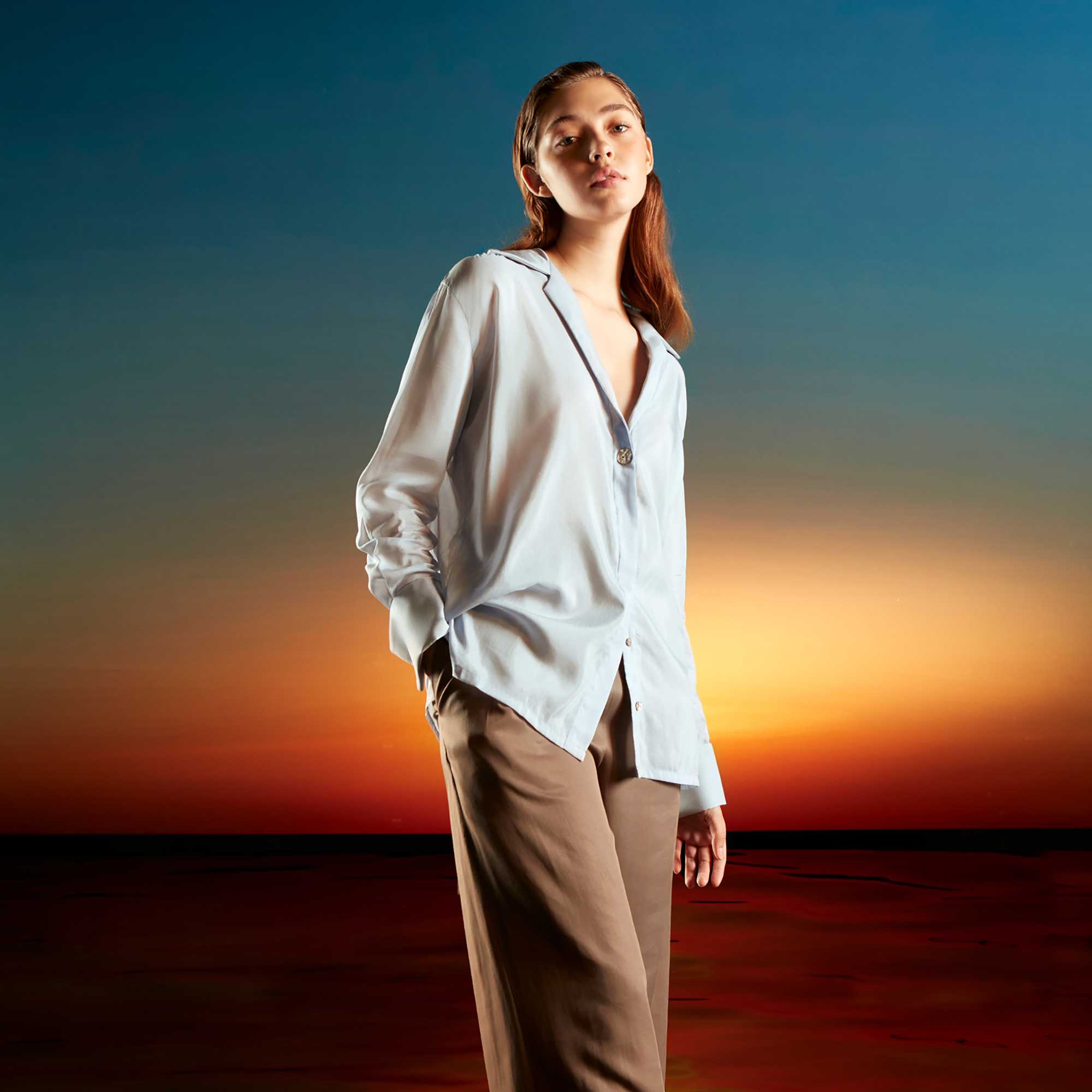 Vie Silk-Blend Open Collar Shirt in Blue Ciel