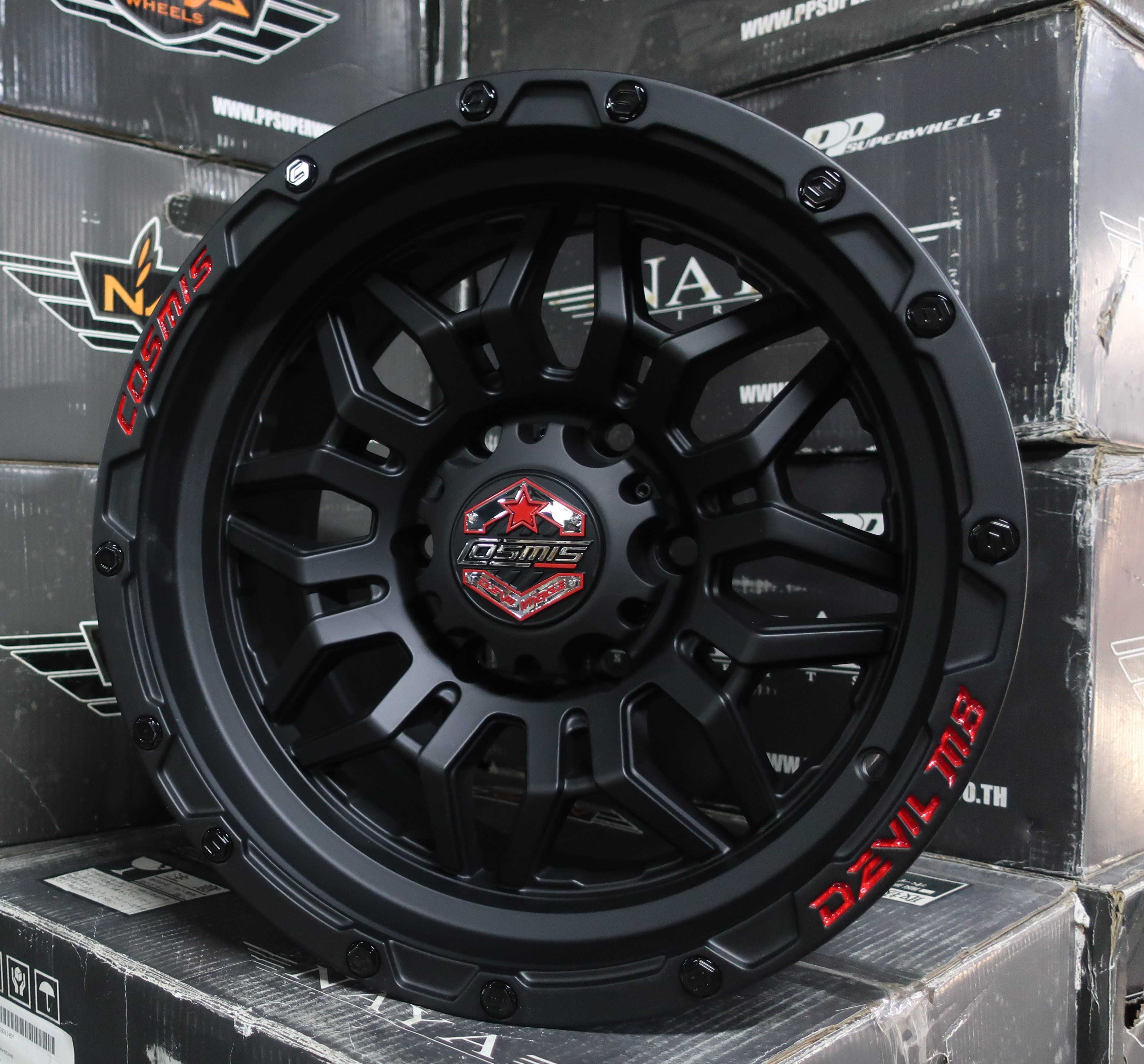 แม็กซ์ DEVIL-M8(YA9987) 16X9.0 6X139.7 ET0 CB.106 MATTBLACK(R)Z  (สีดำด้านหยอดตัวหนังสือแดง)Custom
