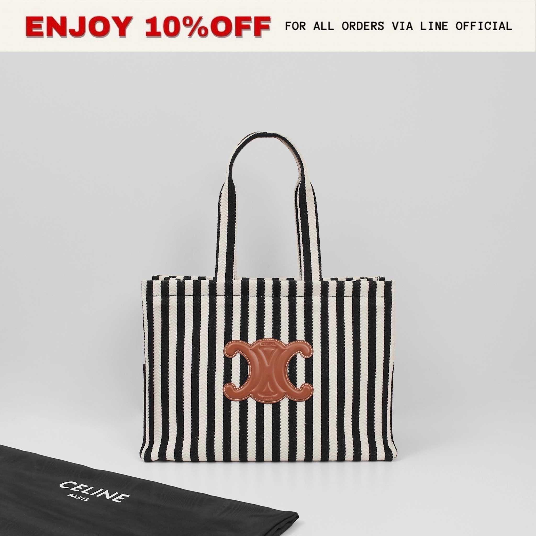 📍LIKE NEW📍CELINE Large Cabas Thais In Striped Textile And Calfskin สี Black/White | Bag