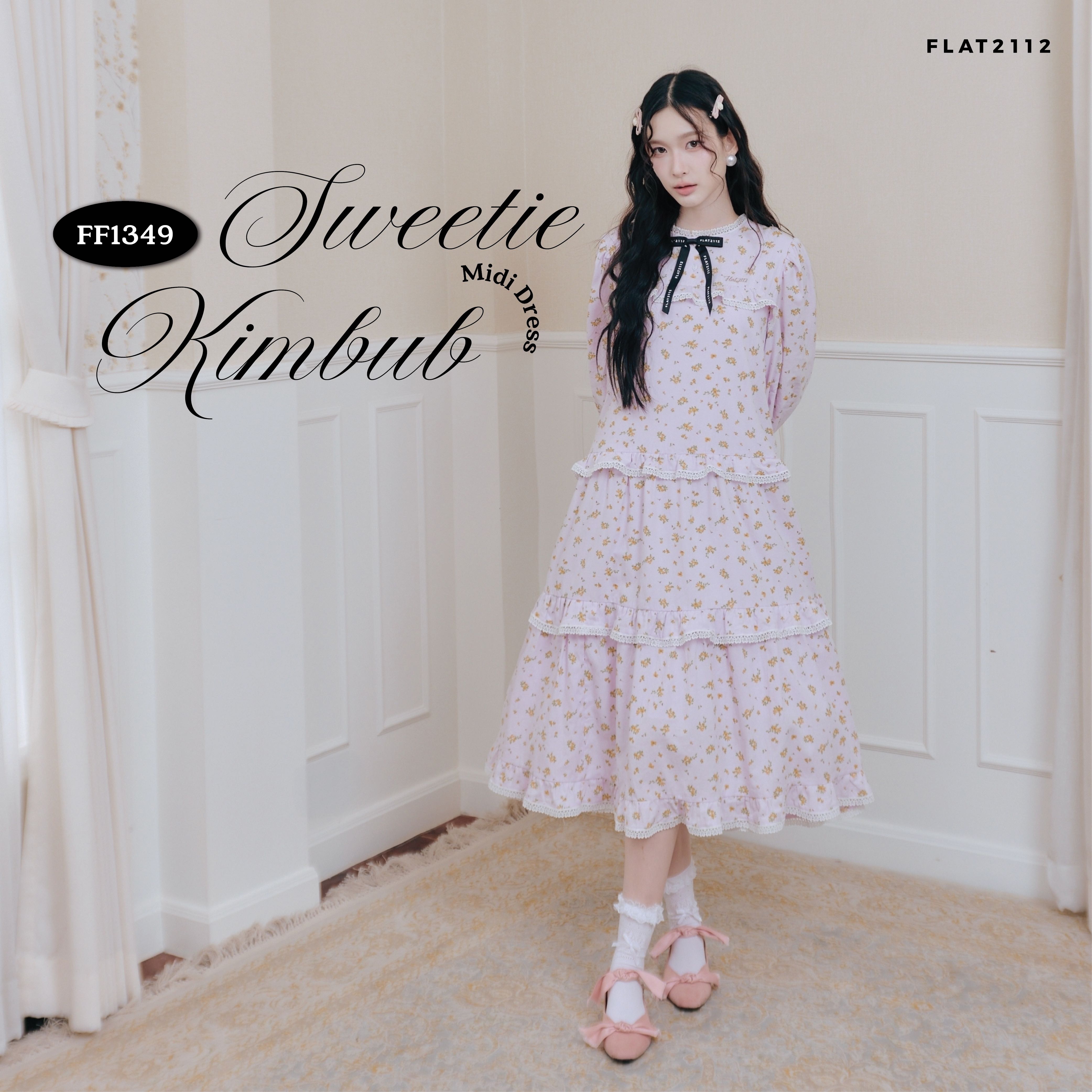 FLAT2112 : SWEETIE KIMBUB MIDI DRESS เดรสลายดอกดีไซน์ปกใหญ่ ชุดออกงานลุคคุณหนู (FF1349)