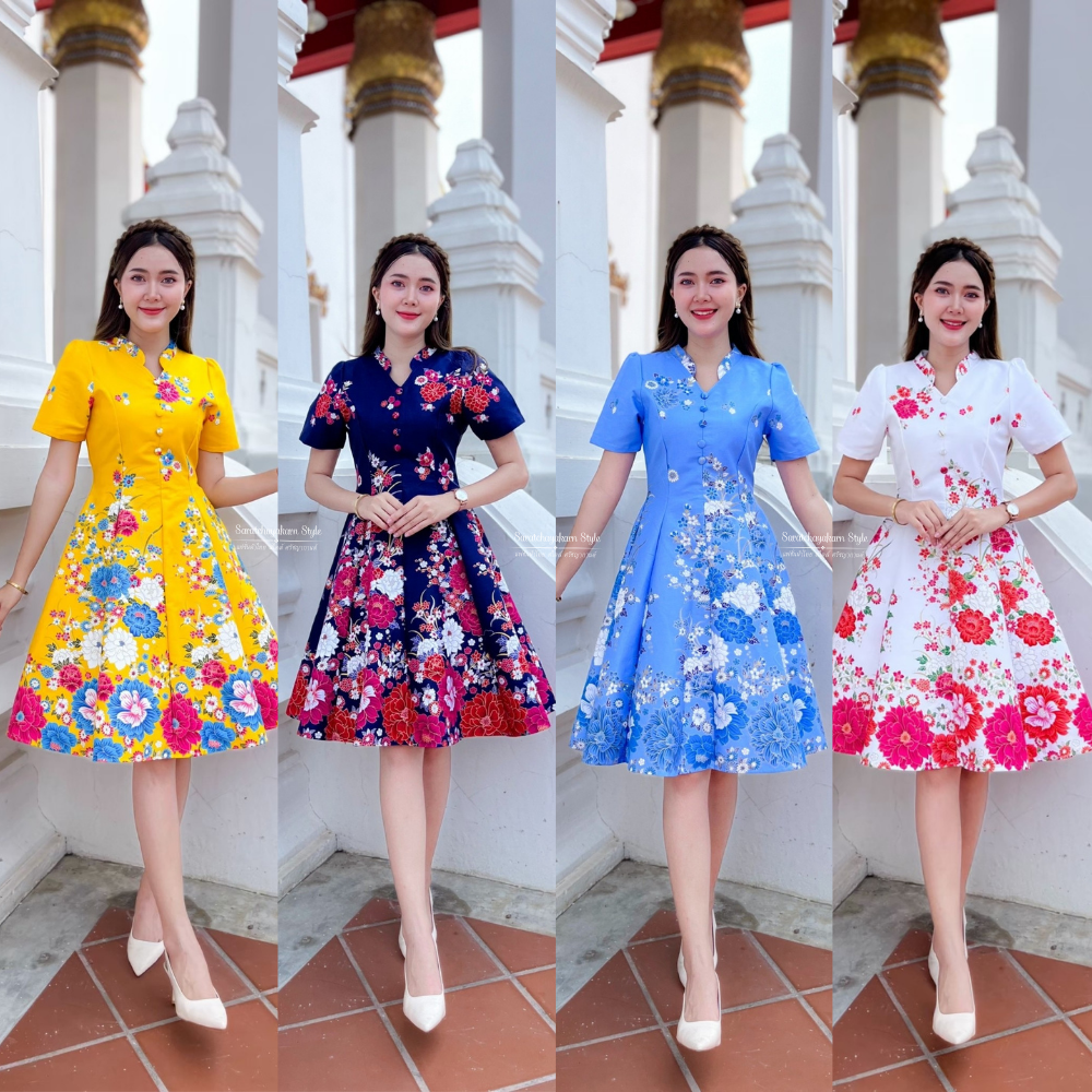 ชุดเดรสผ้าปาเต๊ะกิโมโน 8 สี คอจีน แต่งกระดุมปั๊ม กระโปรงบาน 8 ชิ้น อัดกาวทั้งชุด