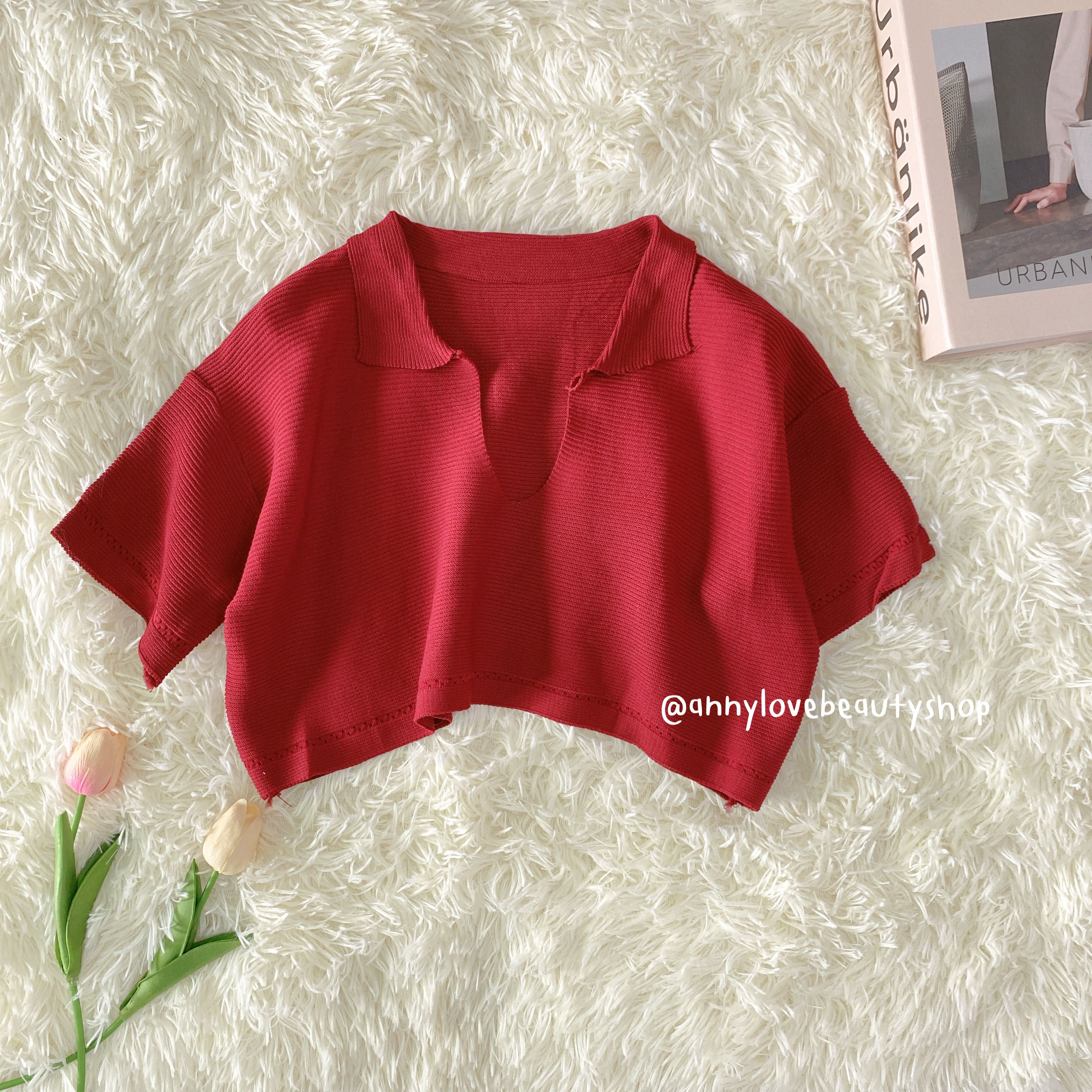 เสือครอปไหมพรม คอปกหน้าวี สีแดง