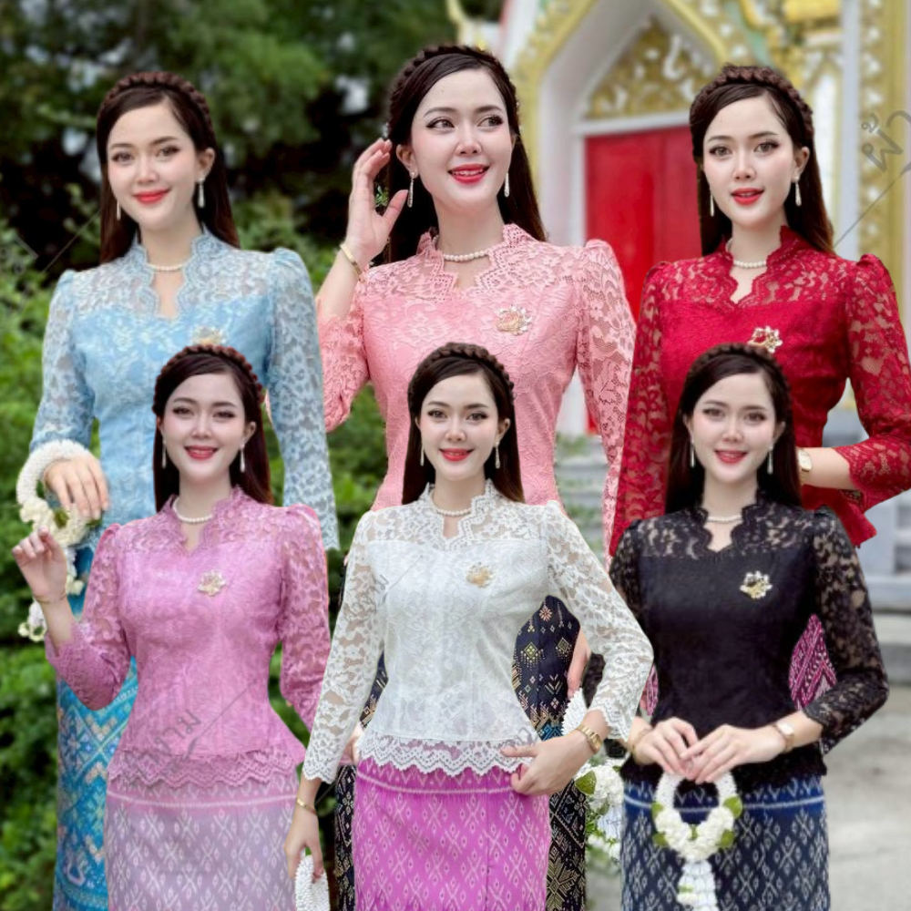 เสื้อลูกไม้ คอวี แขนยาว ชายเสื้อแต่งชายผ้าวางลายผ้าสวยมาก แต่งชายย้วยข้างหลัง ใส่ไปวัดทำบุญ สวยมาก