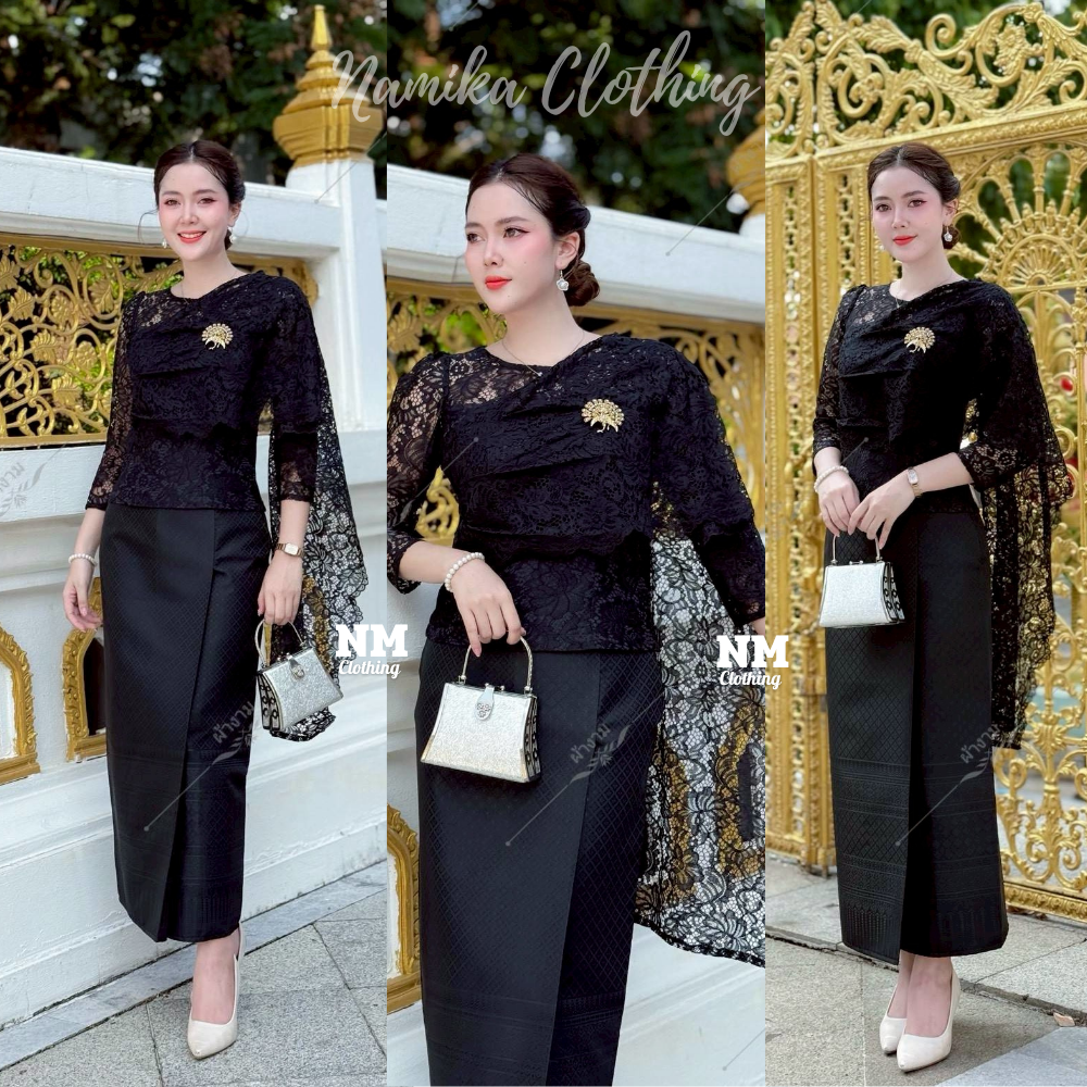 ผ้าถุงสำเร็จ ผ้าถุงผ้าไหมเทียมทอลาย ลายลูกแก้วราชวัตร อัดกาว งานป้ายสำเร็จซิปหลัง สวยมาก