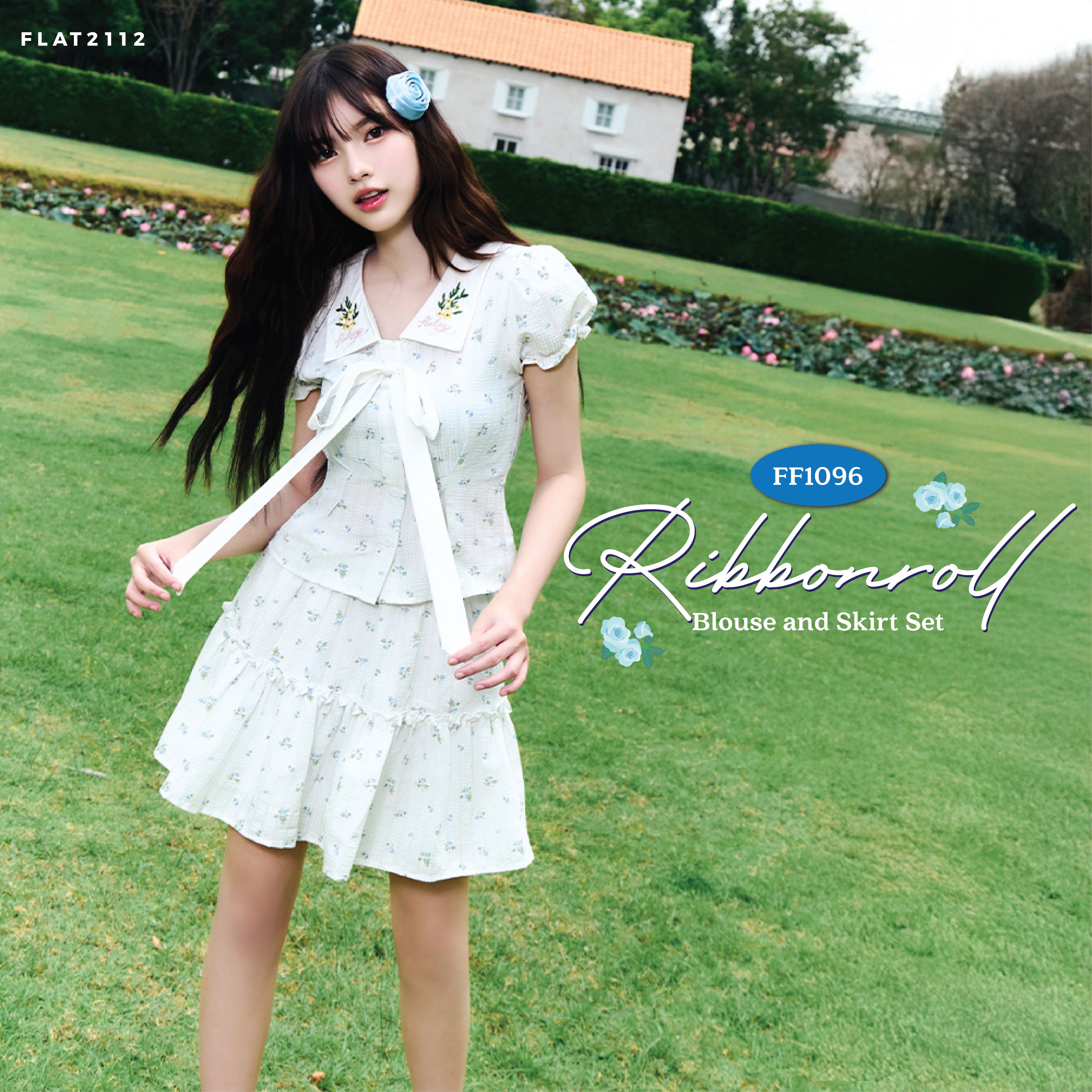 FLAT2112 FF1096 : RIBBONROLL BLOUSE & SKIRT SET ชุดเซ็ท ชุดเซ็ตลายดอก ชุดออกงาน ชุดทำงาน