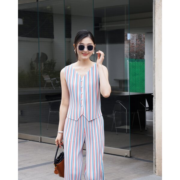 ปรับราคาลง!! 2MUAY รุ่น GJO5325 เสื้อกั๊ก เสื้อพลีทคุณภาพ THICK STRIPED PRINT VEST PLEATED TOP 3ส...