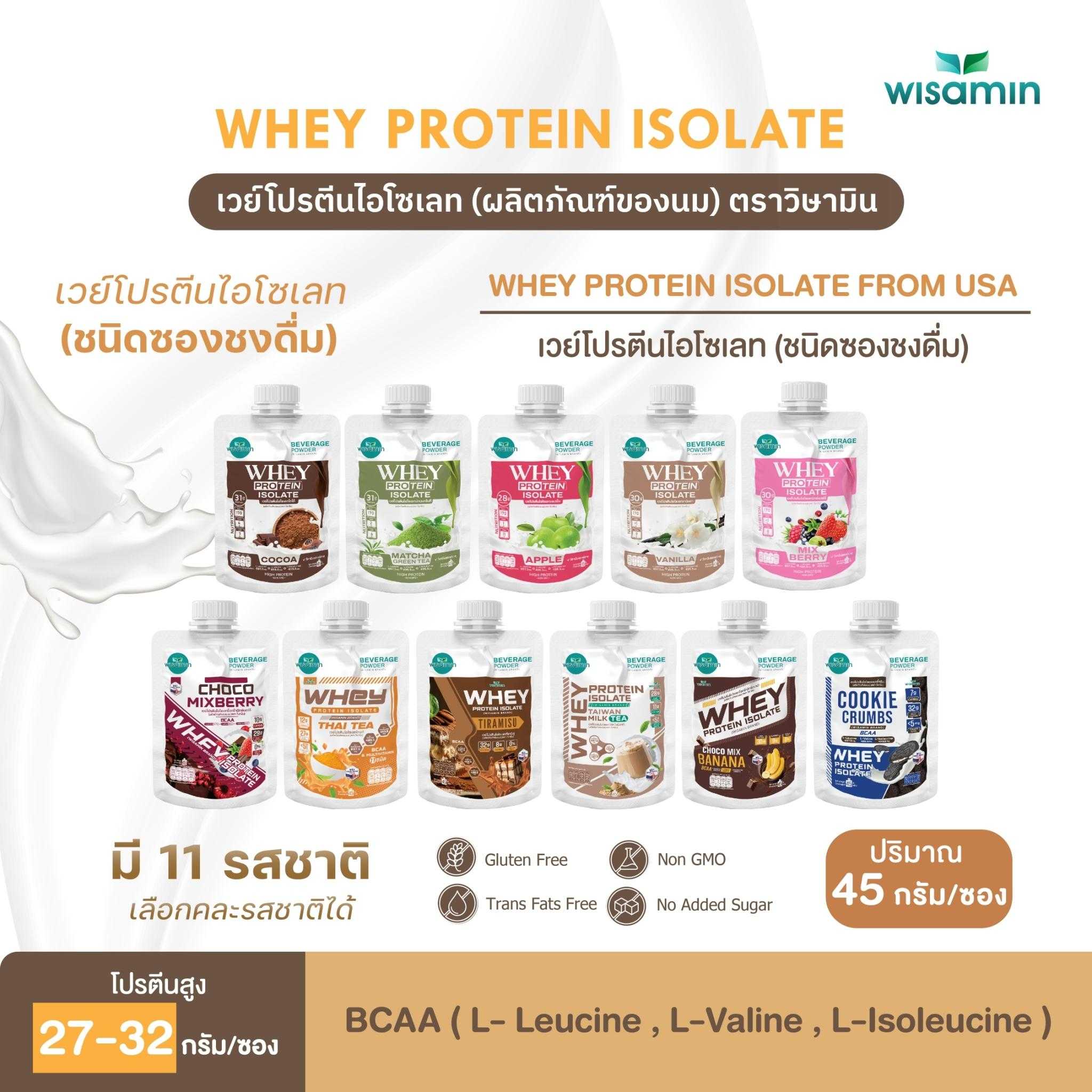 WHEY PROTEIN ISOLATE เวย์โปรตีน ไอโซเลท มี 11 รสชาติ (ชนิดซองชงดื่ม 45 กรัม/ซอง) ปลอดกลูเตน ปลอด GMO