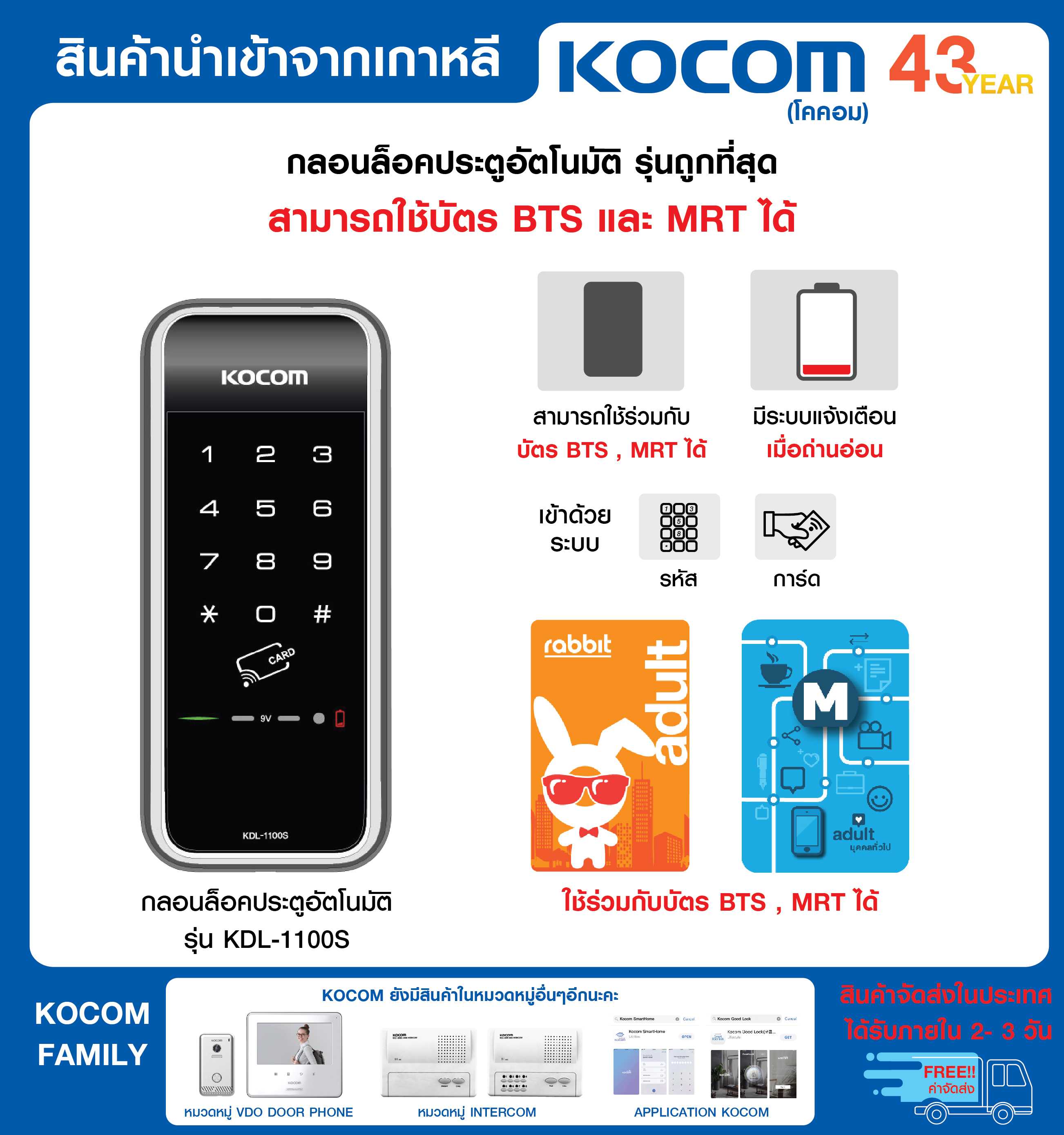Digital Door Lock KOCOM รุ่น KDL-1100S รุ่นราคาถูกสุด ใช้การ์ดอื่นร่วมได้