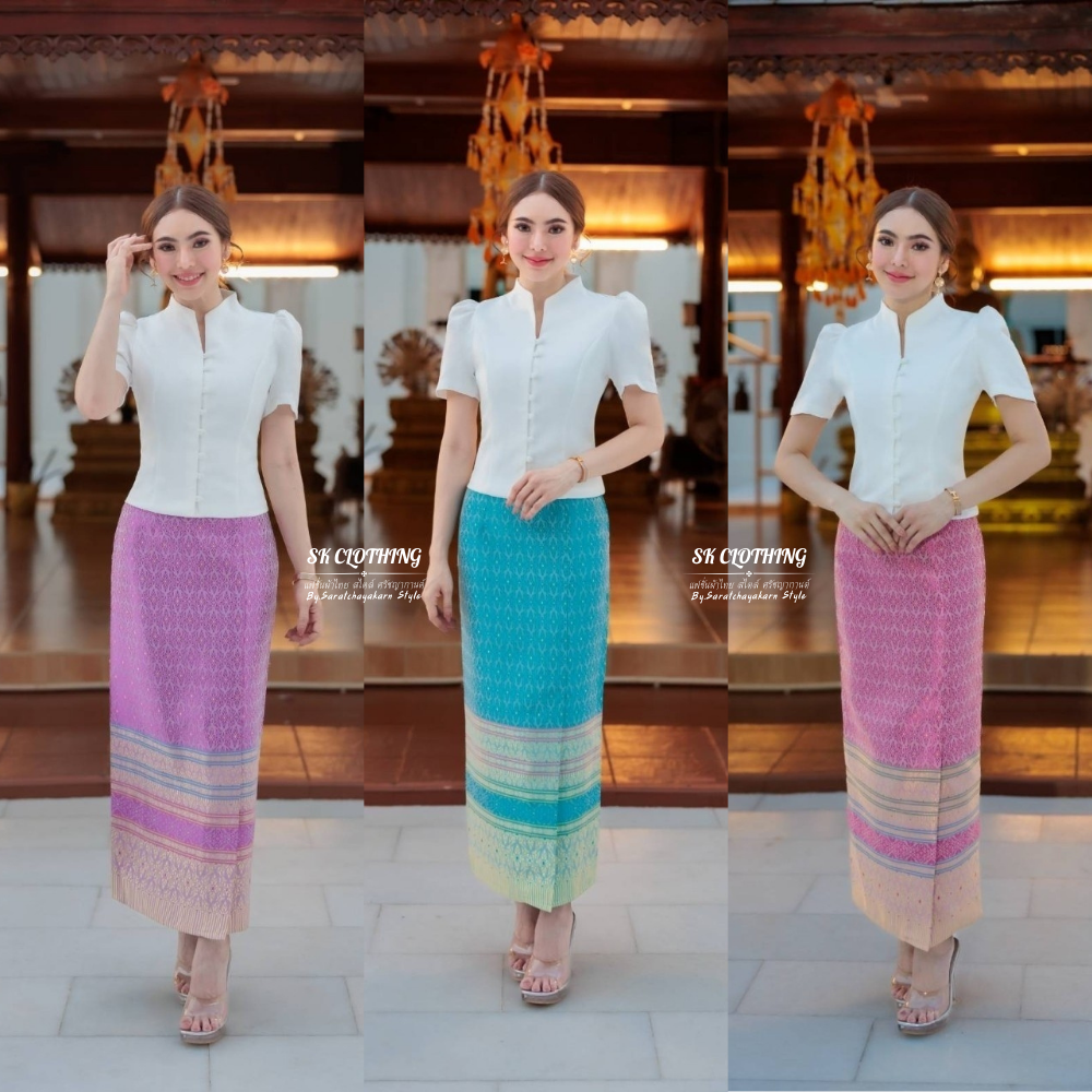 ชุดผ้าไทย ใส่ไปวัด Set เสื้อผ้าไหมญี่ปุ่น คอปีน ผ้าถุงผ้าไหมยกดอกทอลายไทย เรียบร้อย สวยสุดๆ