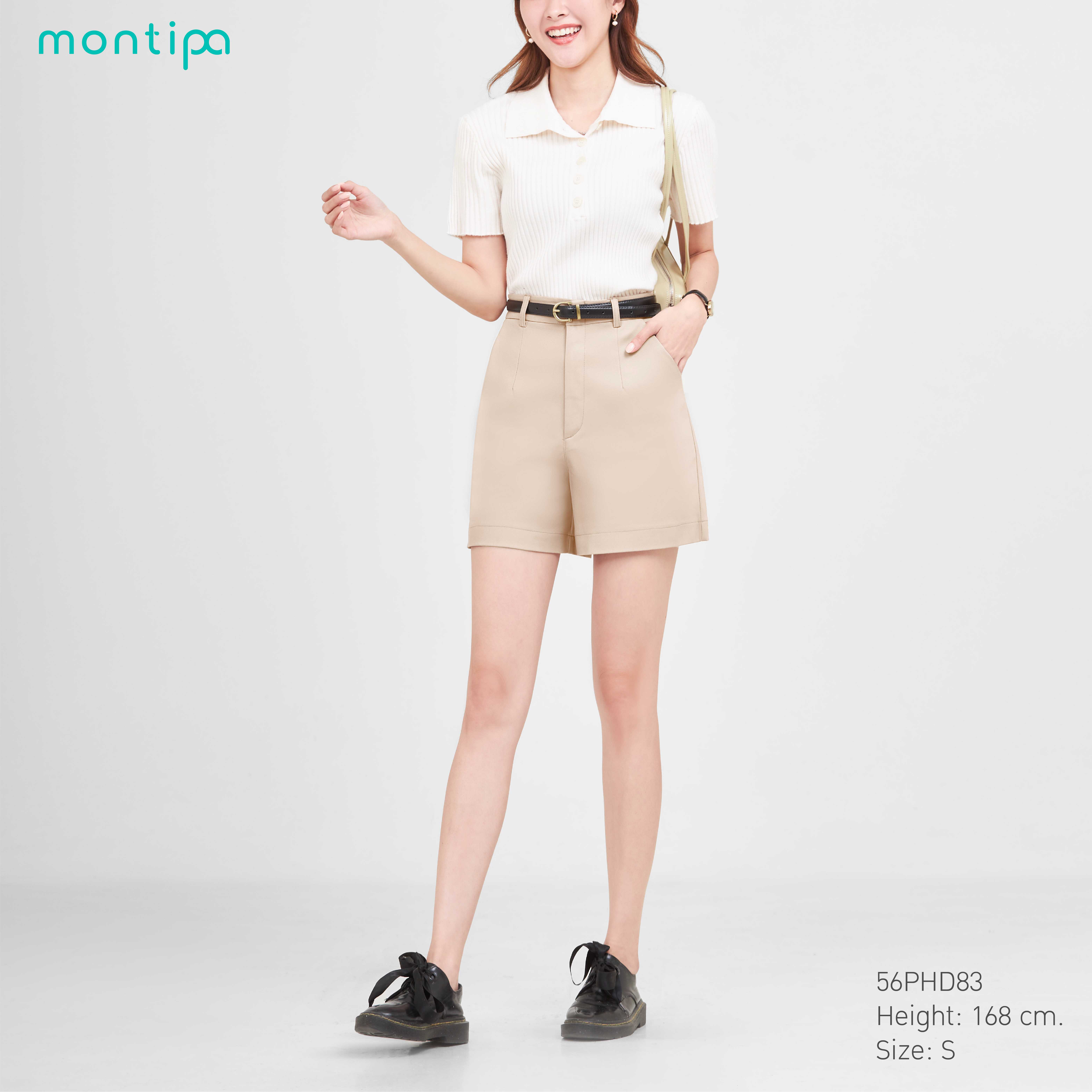 Montipa กางเกงขาสั้น ซิปหน้า แต่งหูเข็มขัด ผ้า Span D 56PHD83