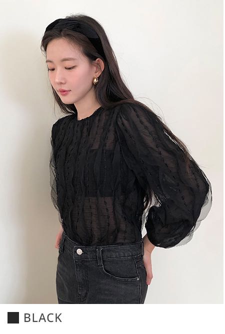 From Beginning[KOREA MADE] Angel Frill Lace Blouse (3 colors)(Pre-order 15 วัน) เสื้อลูกไม้ซีทรูริ้ว