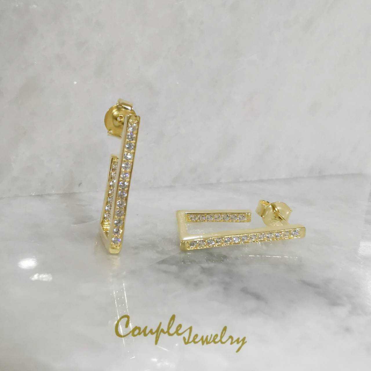 Couple jewelry  ต่างหูแฟชั่นทรงสี่เหลี่ยม ฝังเพชร CZ ชุบ ทอง 18 K