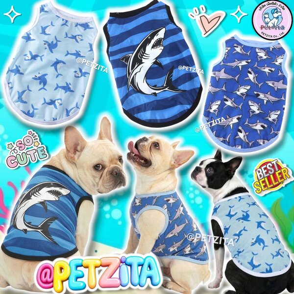 🇹🇭พร้อมส่ง🇹🇭🦈🦈🦈 เสื้อแขนกุดลายฉลามสุดเท่ห์ ผ้าใส่สบาย for pet เสื้อสัตว์เลี้ยง สุนัข หมา แมว