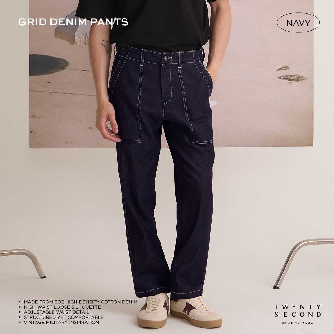 GRID DENIM PANTS - NAVY