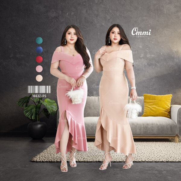 Ommishop ชุดราตรี 1663Z-PS สายเดี่ยวปาดวี ผ้ามิลิน เดรสออกงาน ชุดงานแต่ง เดรสสาวอวบ Plus Size