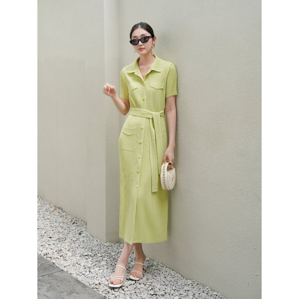 2MUAY รุ่น GJO5305 เดรสพลีทคุณภาพ THICK COLLAR BUTTON FRONT PLEATED DRESS 10 สี FREE SIZE