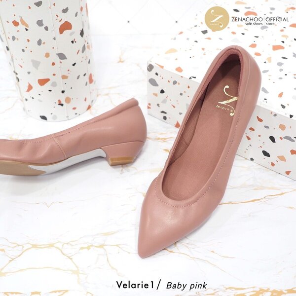 ทรงปกติ:เปลี่ยนไซส์ได้-ไม่รับคืน::Zenachoo รุ่นขายดี Velarie1 สูง 1นิ้ว สี Baby Pink รองเท้าหัวแห...