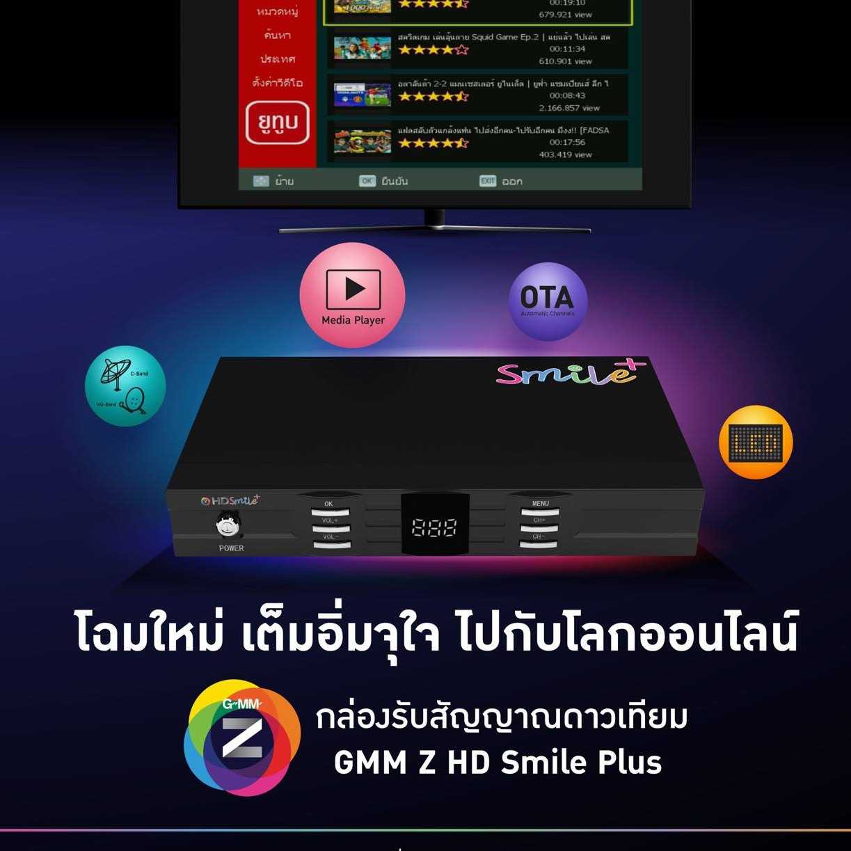 GMM Z HD SMILE PLUS กล่องดาวเทียมไวไฟ รองรับ จานทึบ จานตะแกง (Ku-Band, C-Band)