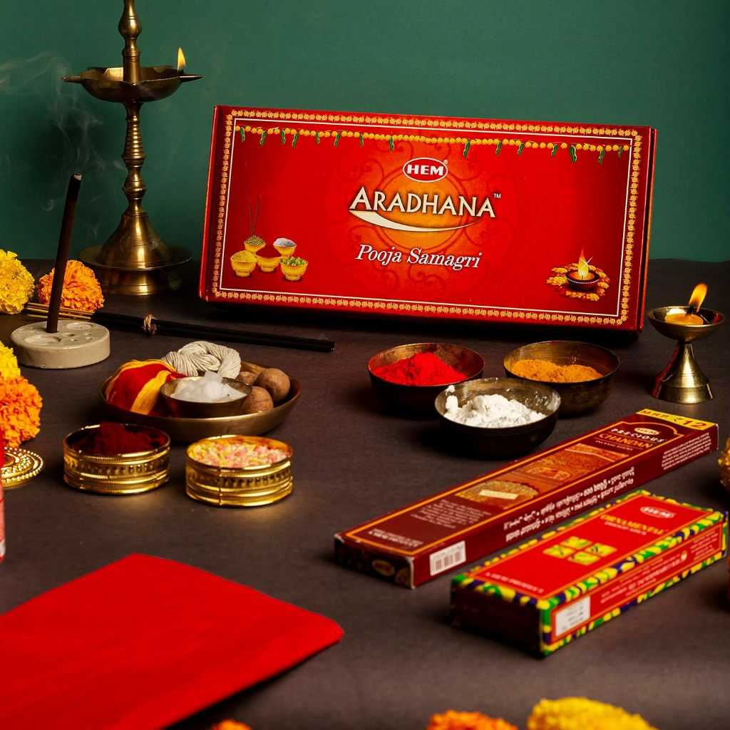 HEM ชุดบูชาเทพฮินดู Aradhana Pooja Samagri อารตีไฟ การบวงสรวงคู่กับขนมลาดู โมทกะ ดอกไม้ คเณศจตุรถี