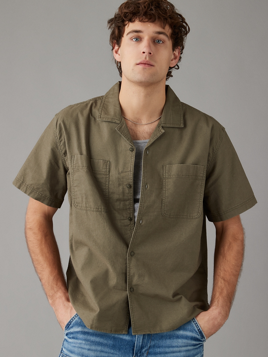 เสื้อเชิ้ต ผู้ชาย OLIVE CLAY SS OVERSIZED CAMP COLLAR PC DYE STRETCH OXFORD ( 015-6237-339 )
