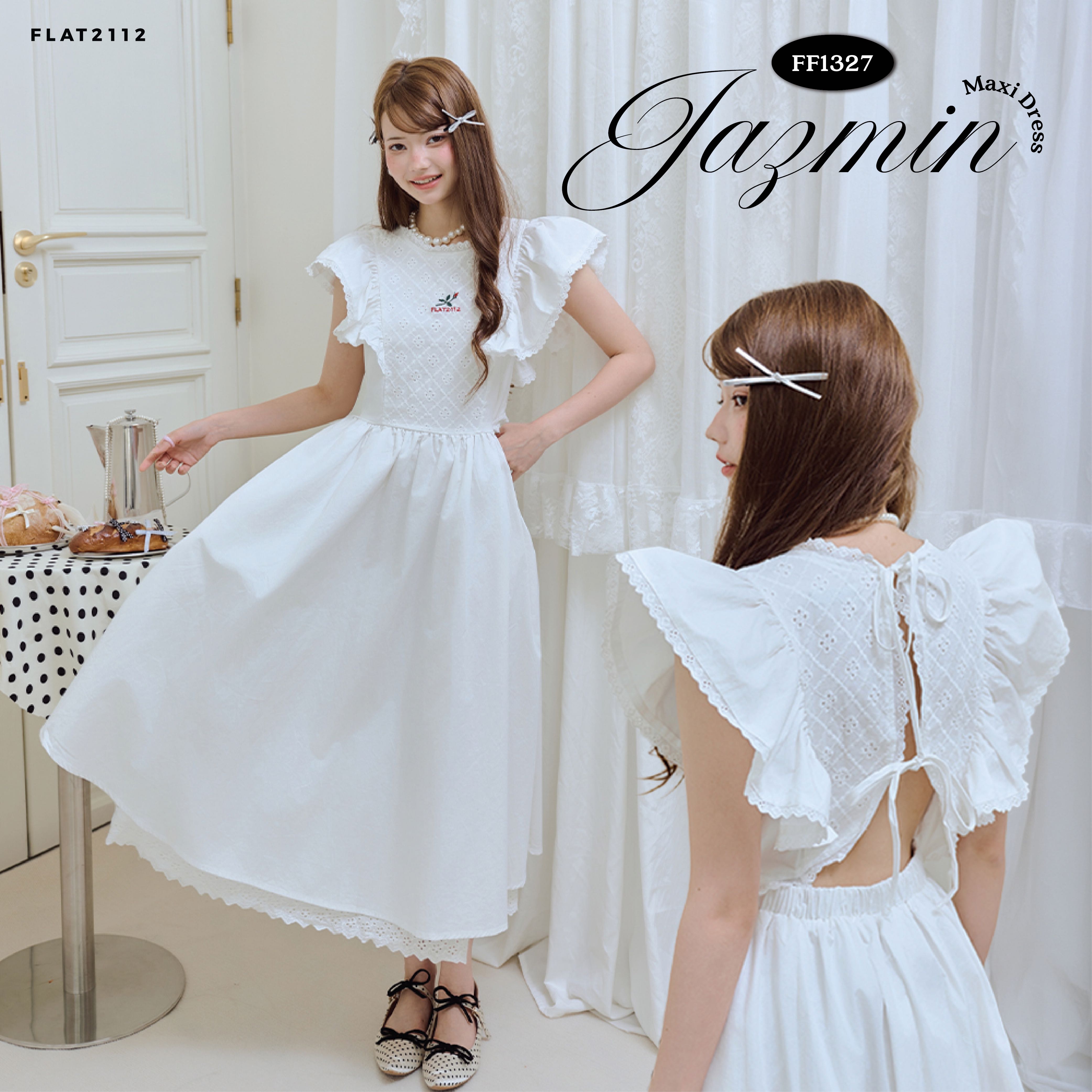 FLAT2112 : JAZMIN MAXI DRESS เดรสยาวสีขาวมินิมอลแขนระบายผู้หญิง เดรสสไตล์เกาหลีเรียบหรู (FF1327)