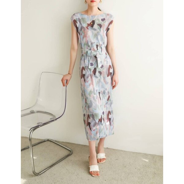 CLEARANCE SALES!! 2MUAY รุ่น GJO6946 เดรสอัดพลีท SLEEVELESS PRINTED PLEATED DRESS 2 สี FREE SIZE